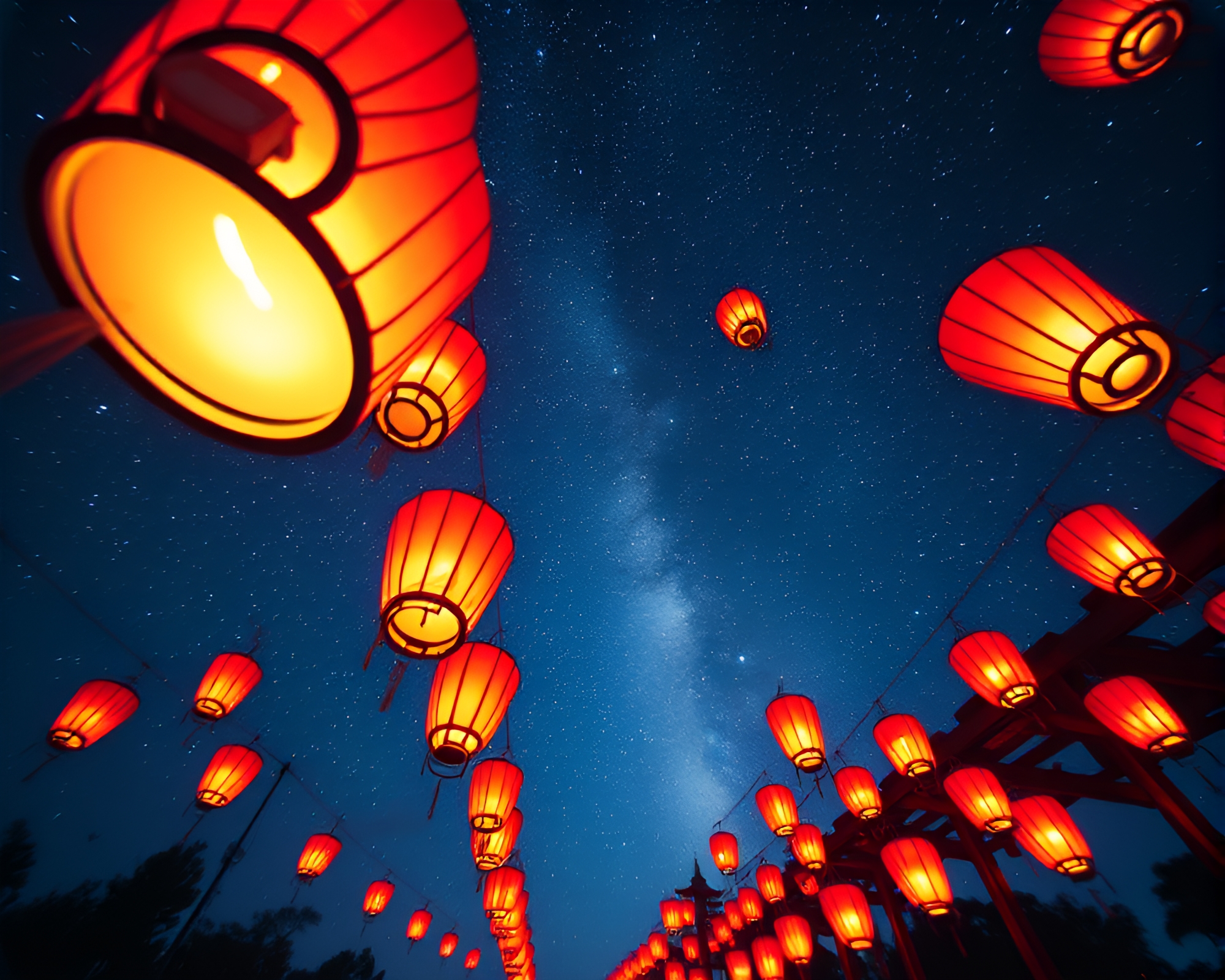Floating Lanterns in Glitched Starlit Sky – free AI stock image