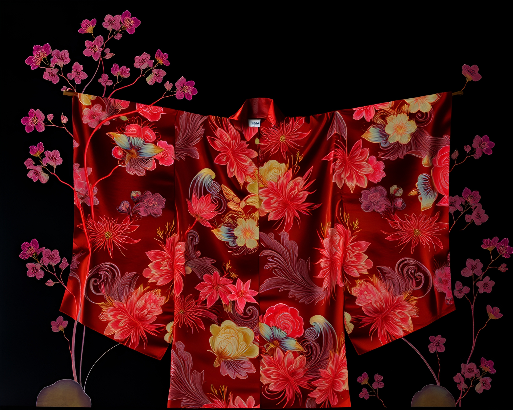 Silk Kimono Bioluminescent Collage Art – free AI stock image
