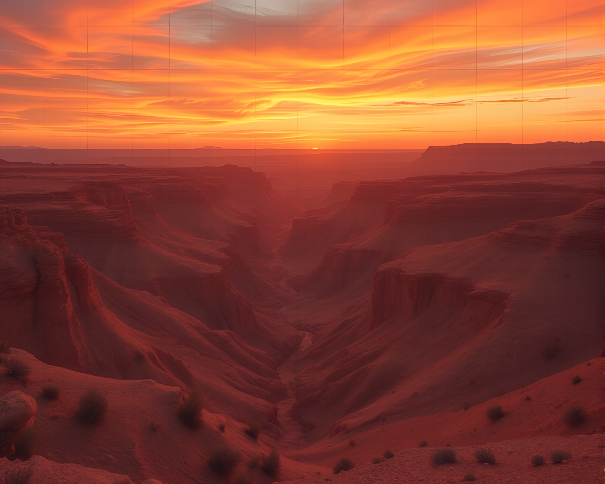 Surreal Sunset in Eroded Canyon Grid Overlay – free AI stock image
