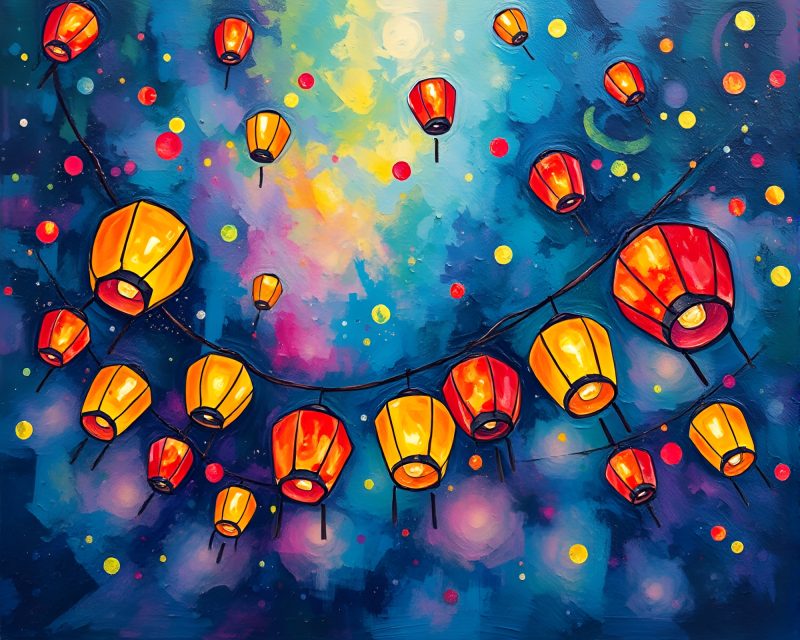 Rainbow Lanterns Illuminated from Above in Impasto Style – free AI stock image