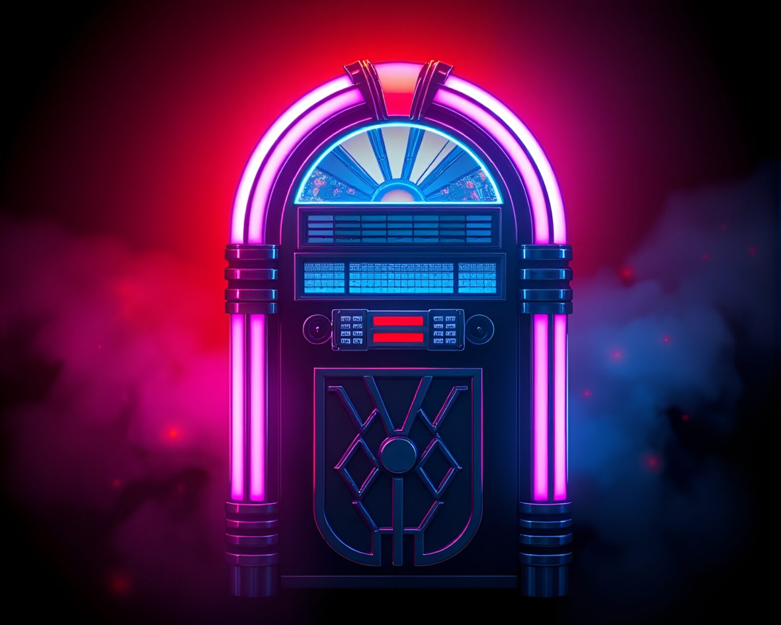 Vibrant retro jukebox with floating embers in neon light