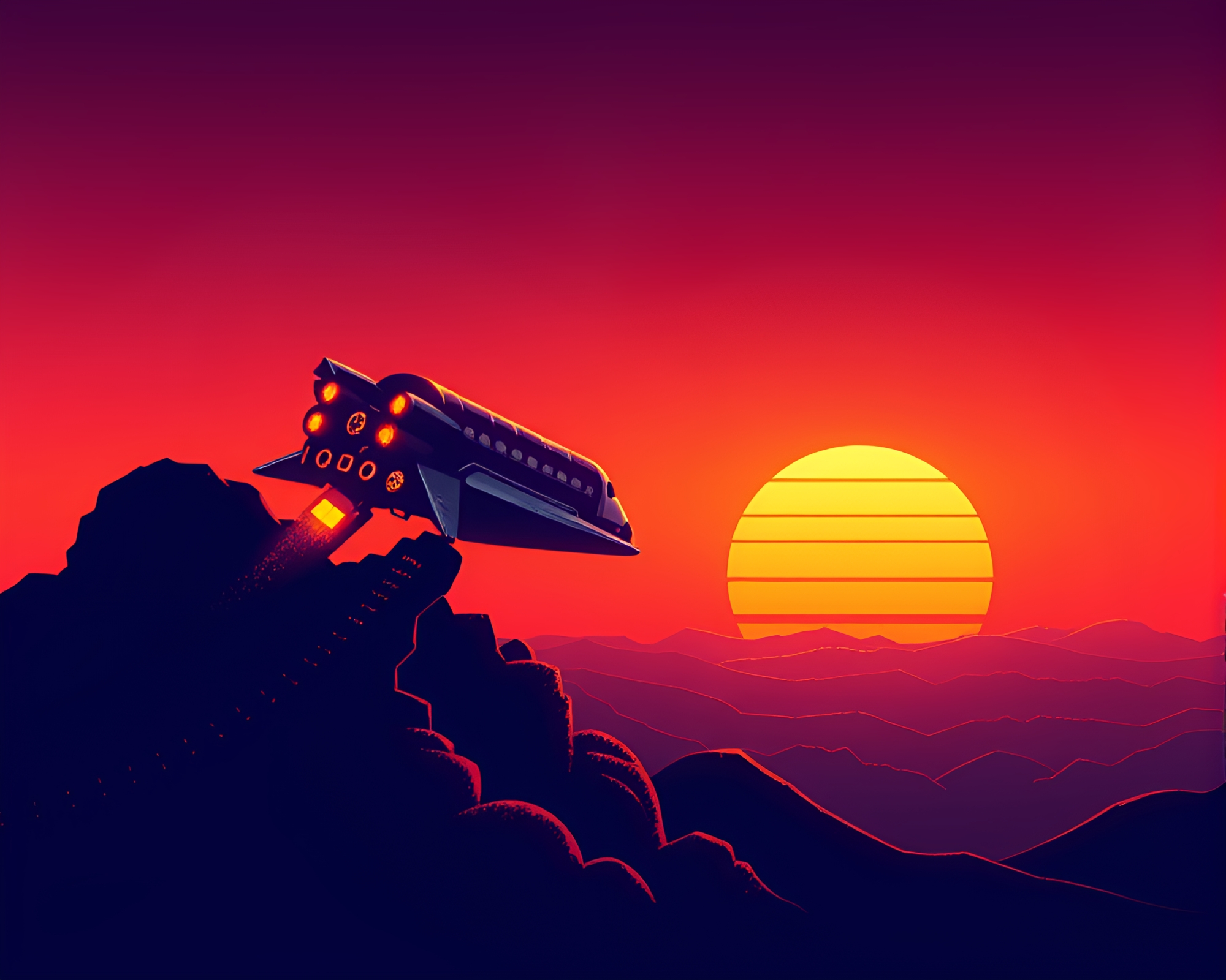 Stippling Space Shuttle Soaring Through Neon Sunset – free AI stock image