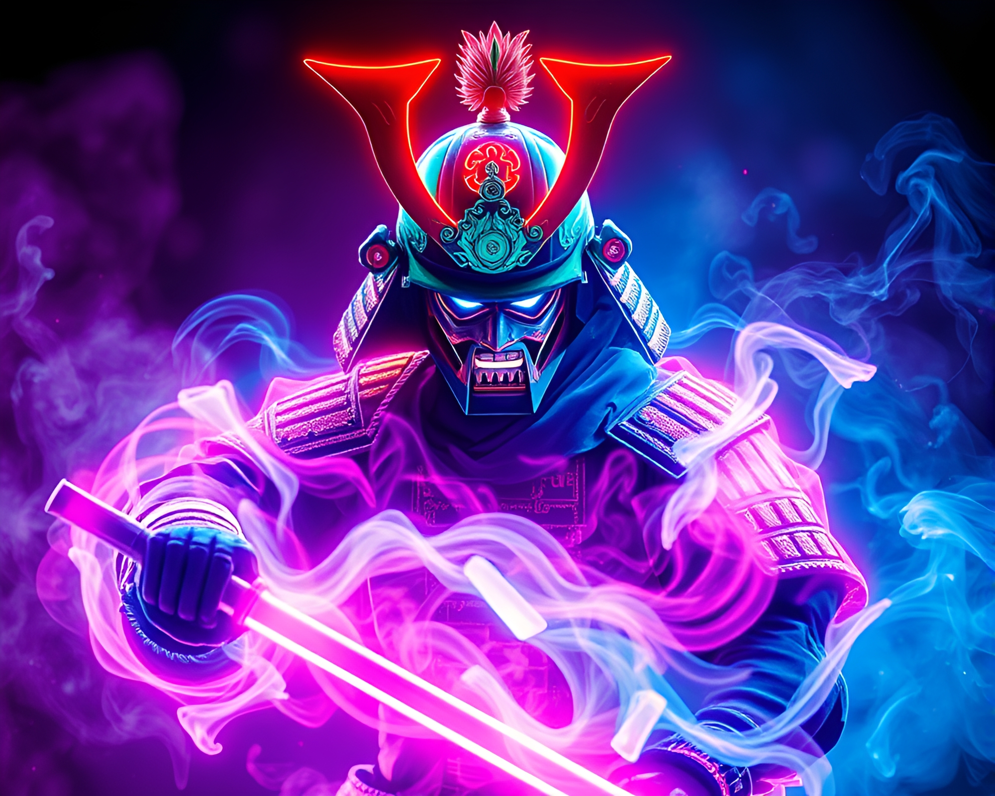 Neon Samurai Warrior in Steam Vapor Light Painting – free AI stock image