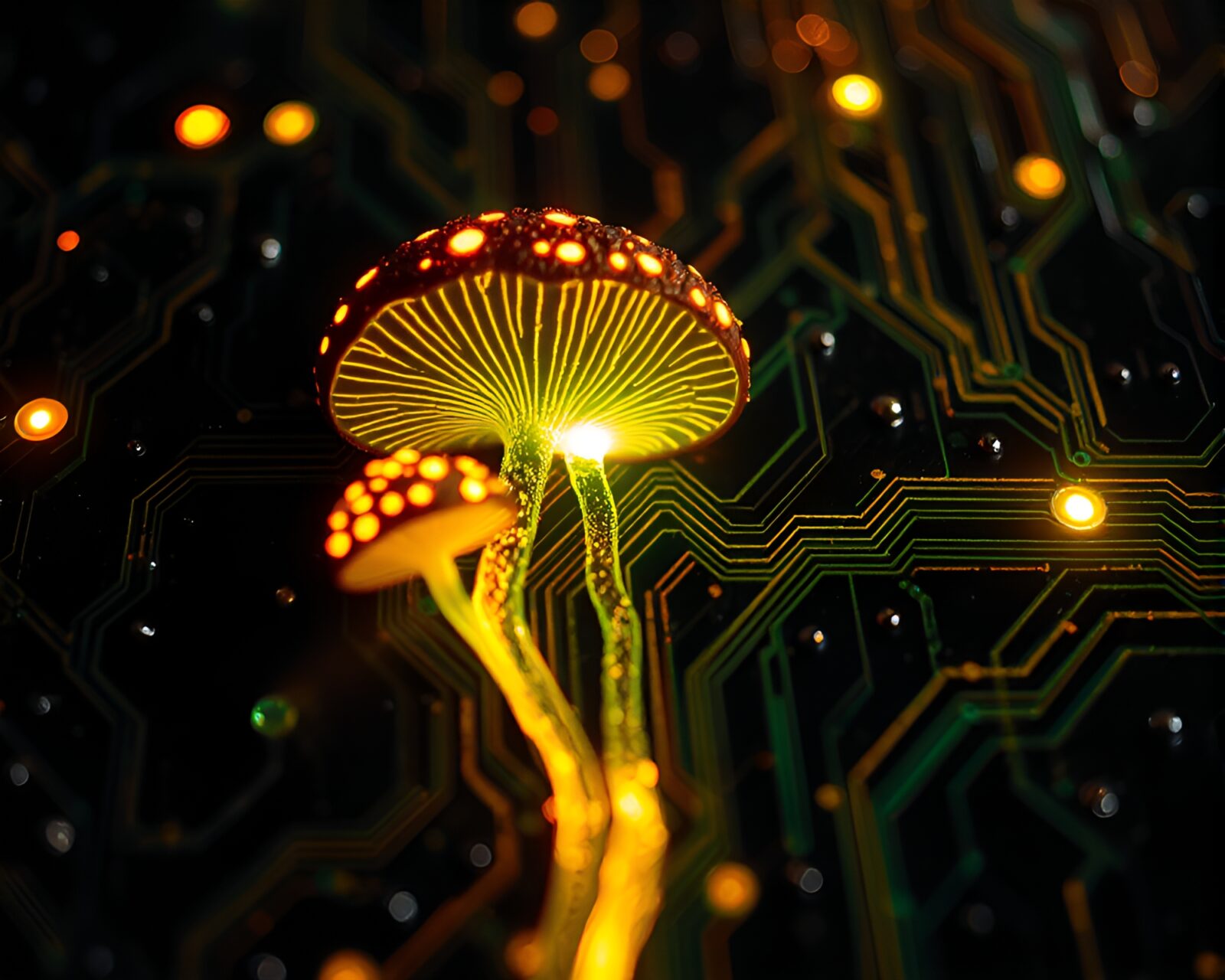 Abstract art with glowing mushrooms and electronic patterns