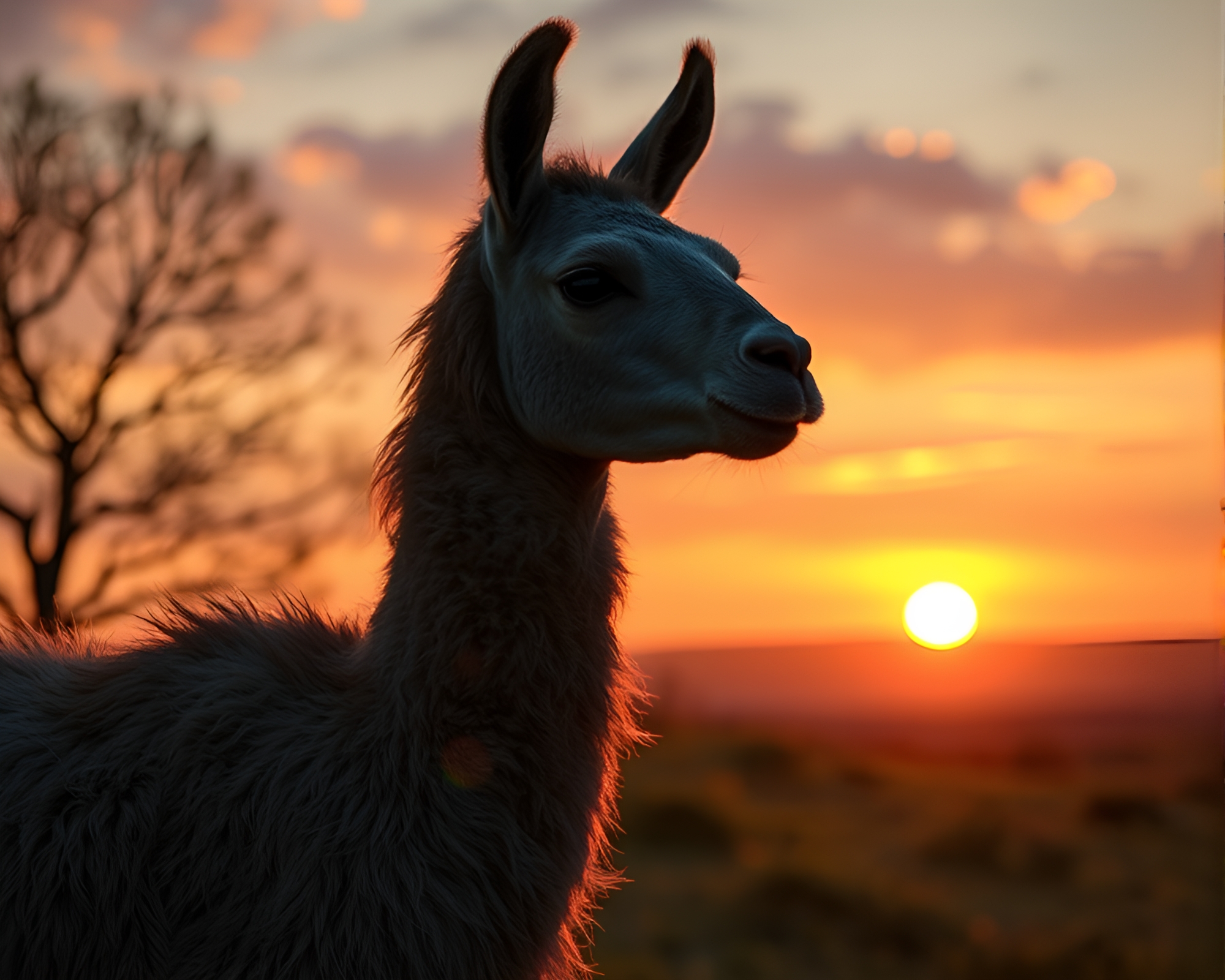 Llama grazing at sunset amidst mildew-covered ruins – free AI stock image