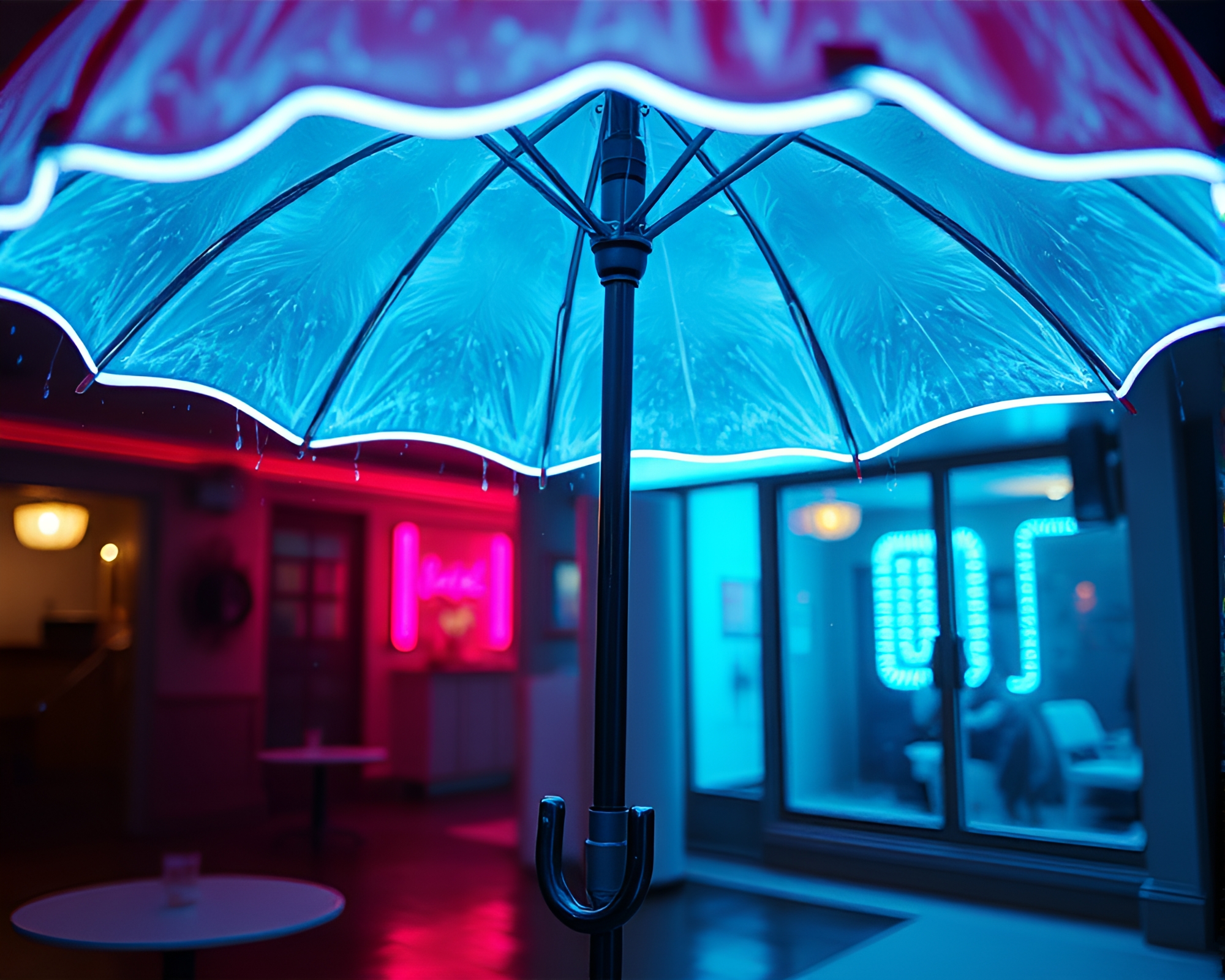 Neon-lit Umbrella in Ice-blue Film Burned Scene – free AI stock image