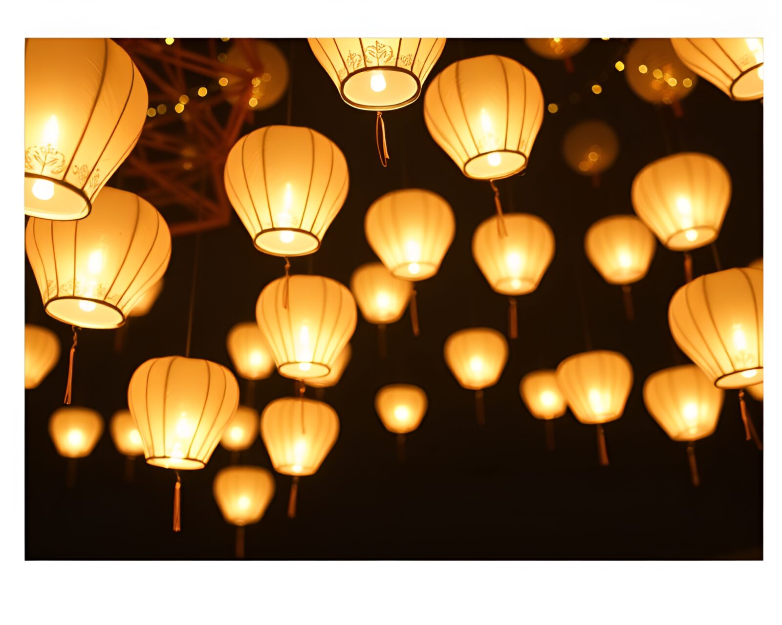 Floating lanterns glimmering in golden foil under glow-in-the-dark Polaroid lighting.