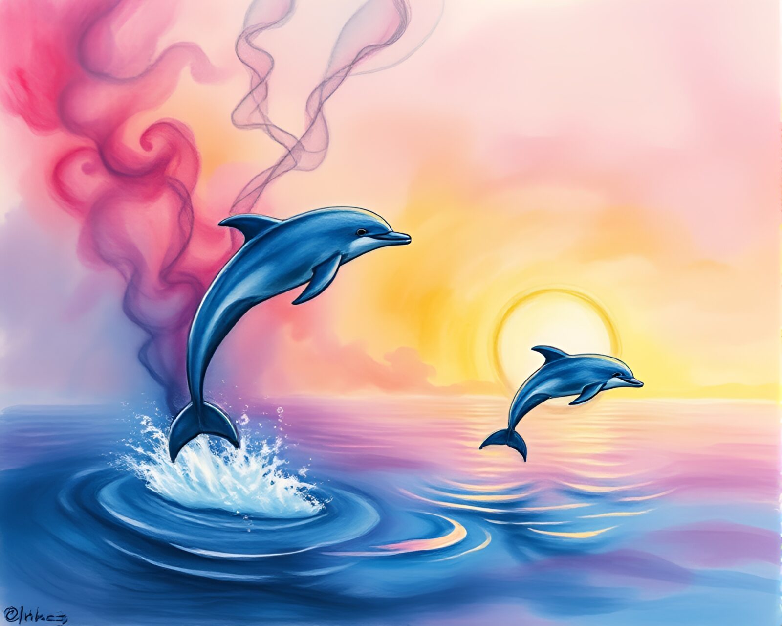 Conté crayon drawing of vibrant sunrise sky and dolphin swimming through smoke rings