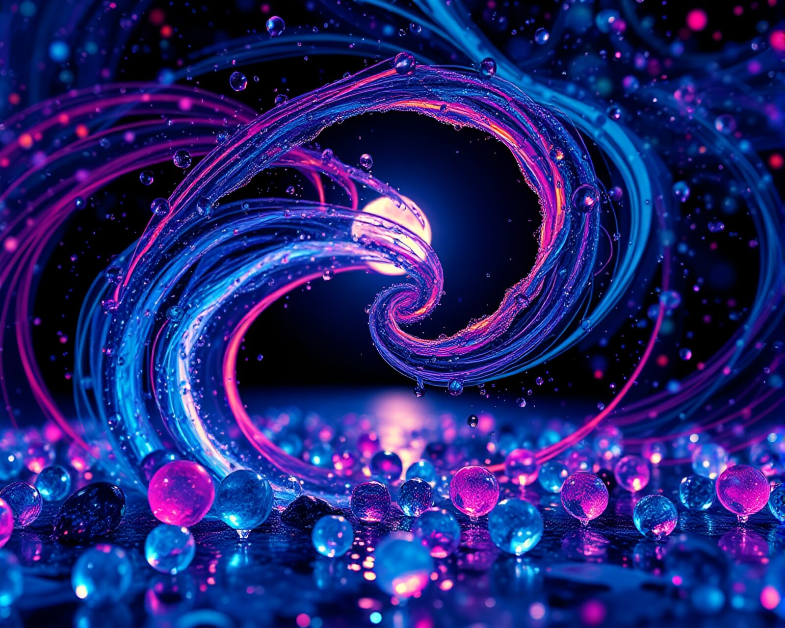 Colorful abstract patterns reflecting on rain-slicked surface at night