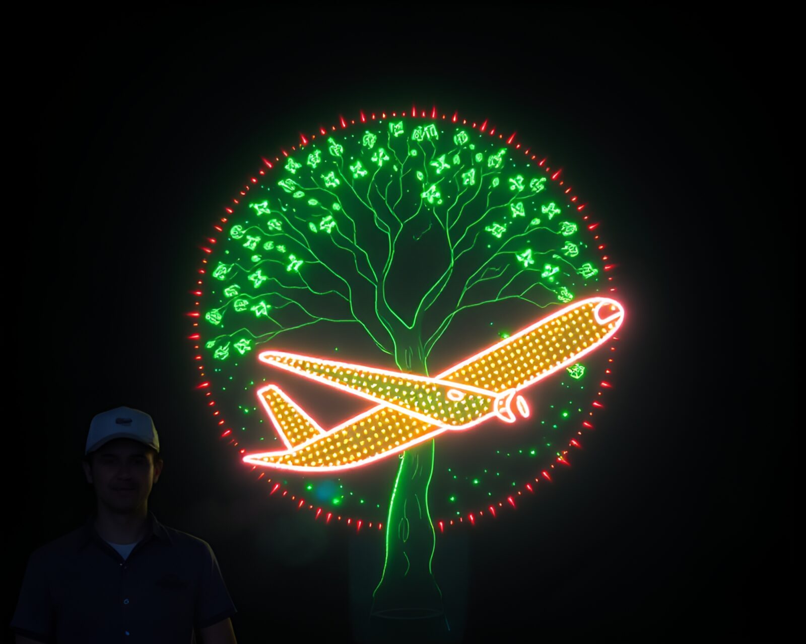 Vibrant neon sea plane flying amidst festival fireworks