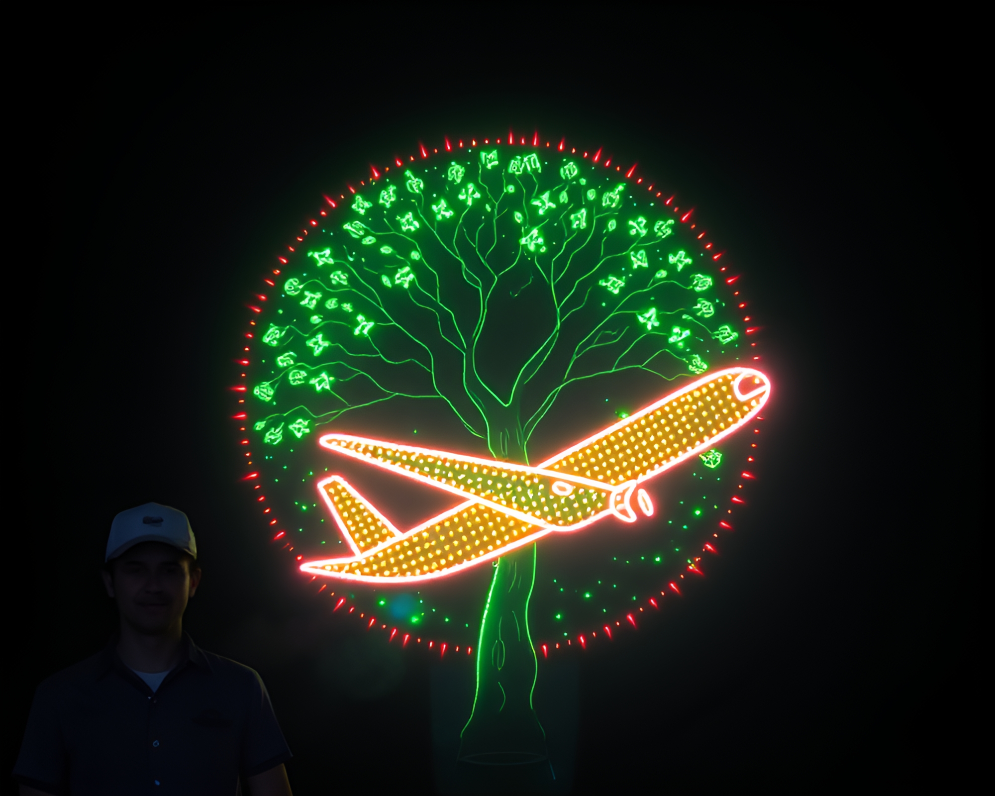 Neon Sea Plane Over Fireworks Tree Ring Pattern – free AI stock image