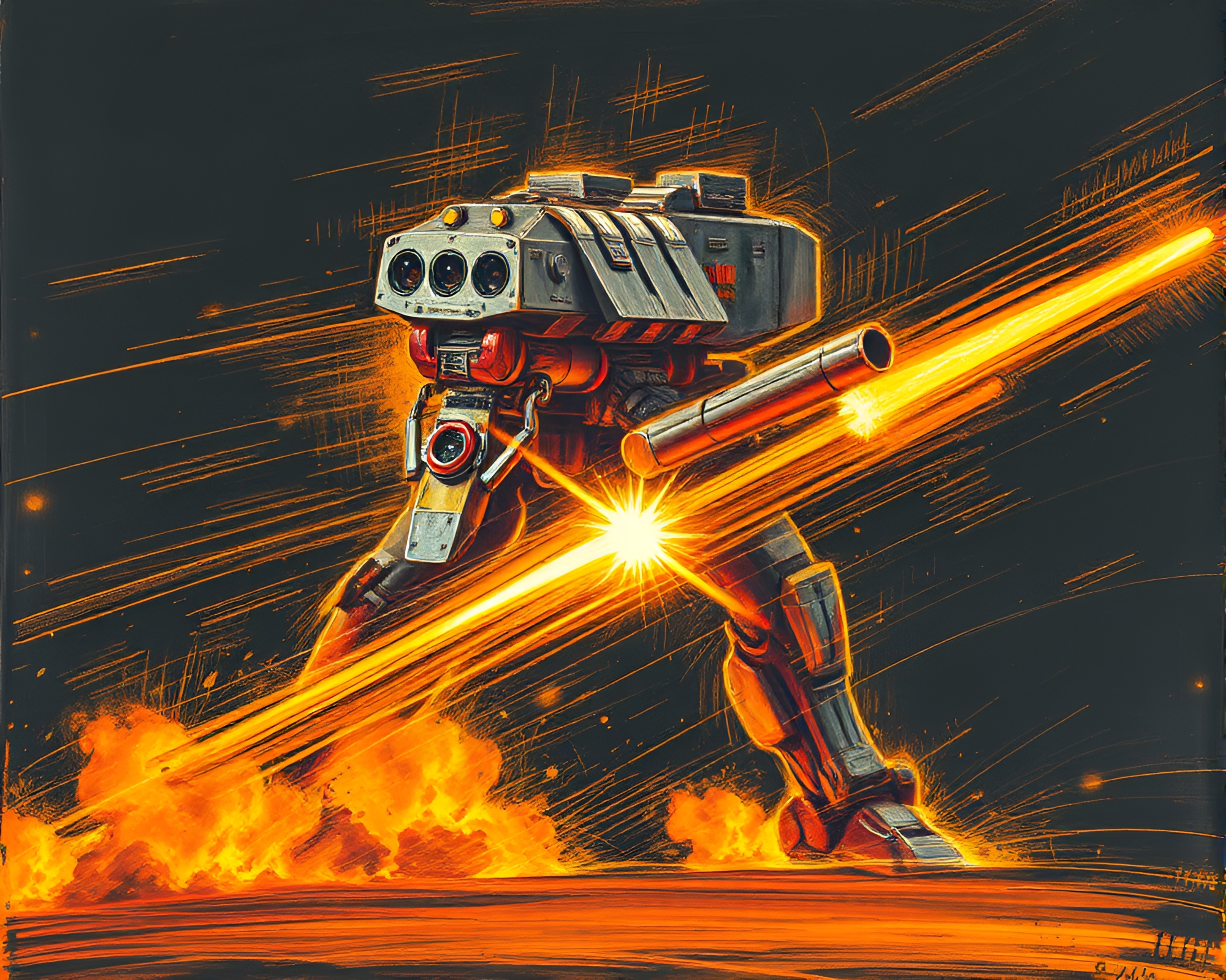 Golden Battle Mech in Motion Blur Chalk Drawing – free AI stock image