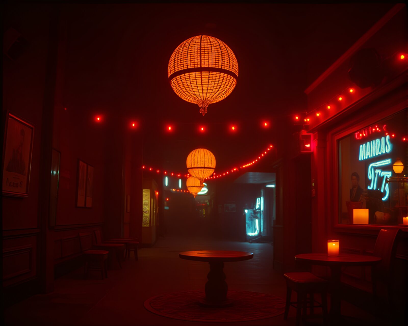Futuristic cityscape bathed in warm candlelight from below