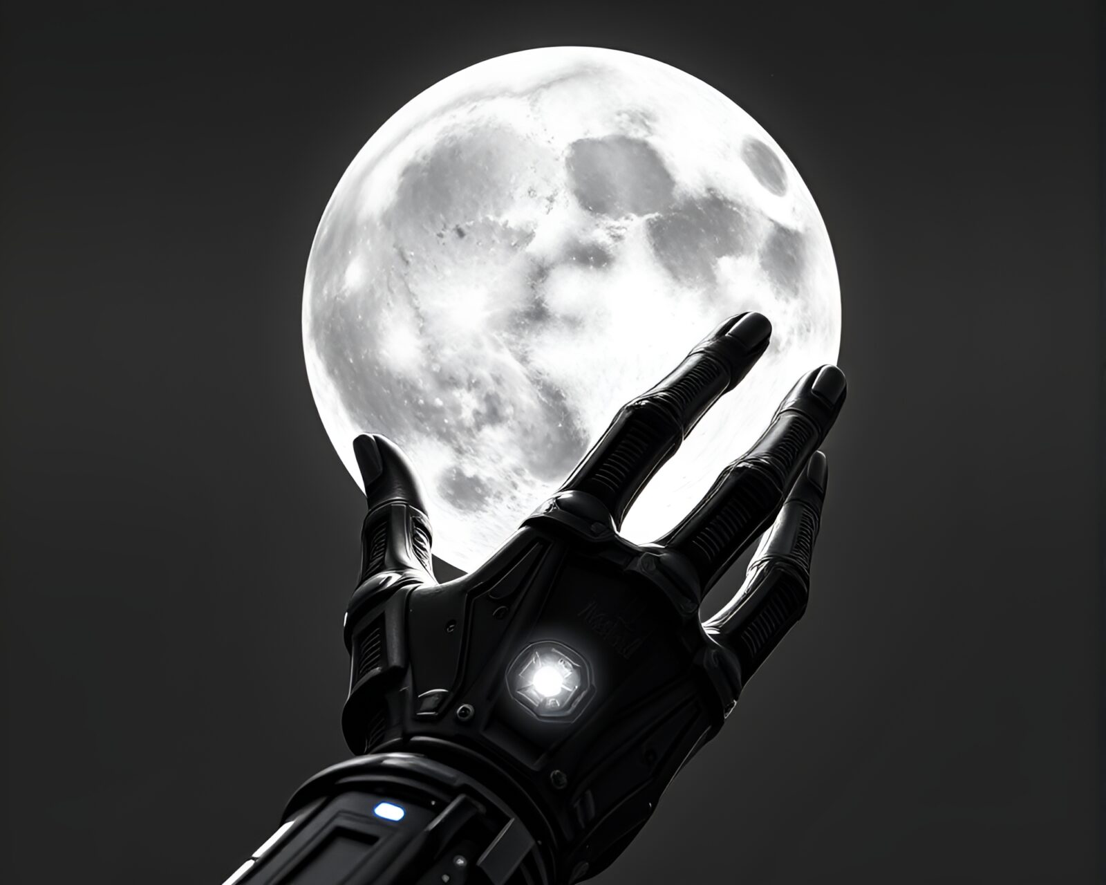 Close-up grayscale cybernetic hand under moonlight illustration