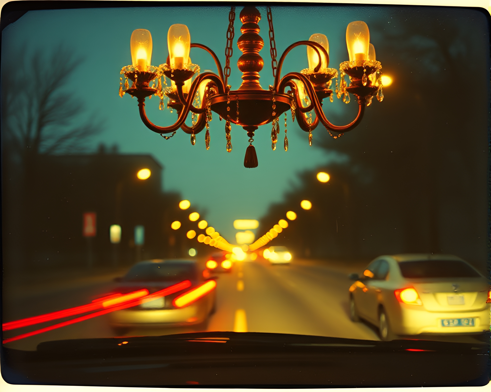 Victorian Chandelier Amidst Car Light Trails – free AI stock image