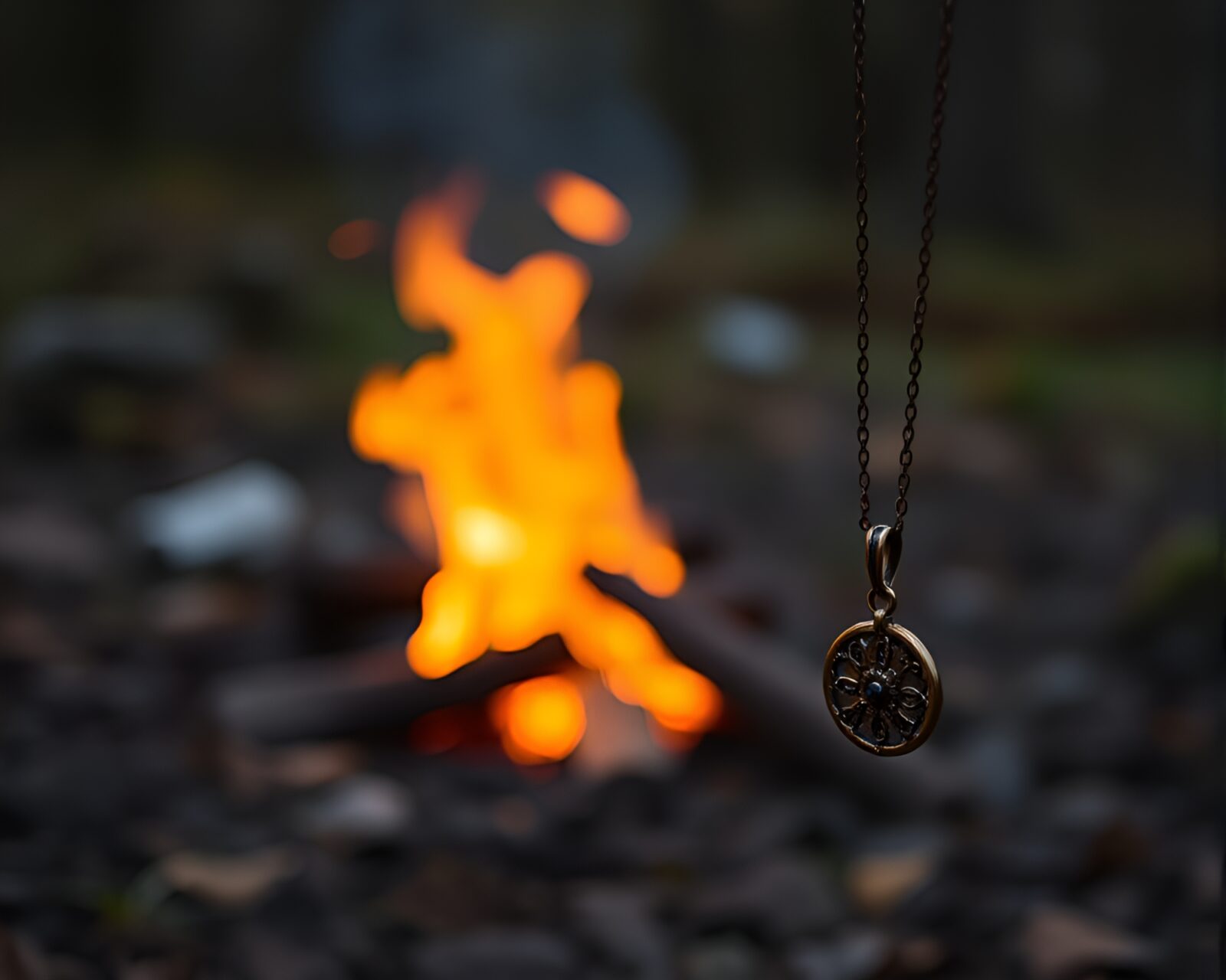 Necklace with shimmering gemstones, illuminated by flickering bonfire