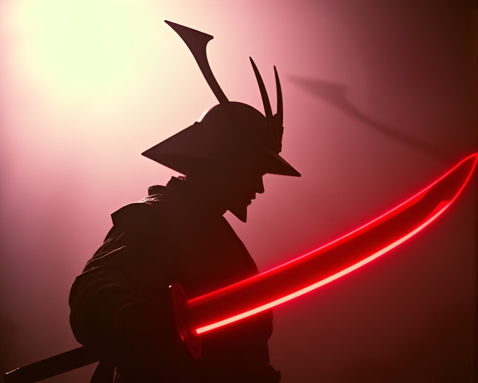 Shadowed samurai with glowing neon sword in retro look