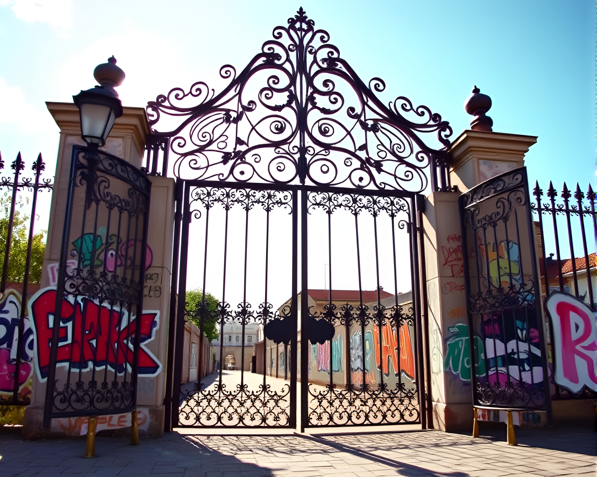 Stereoscopic 3D Wrought Iron Gate Graffiti – free AI stock image