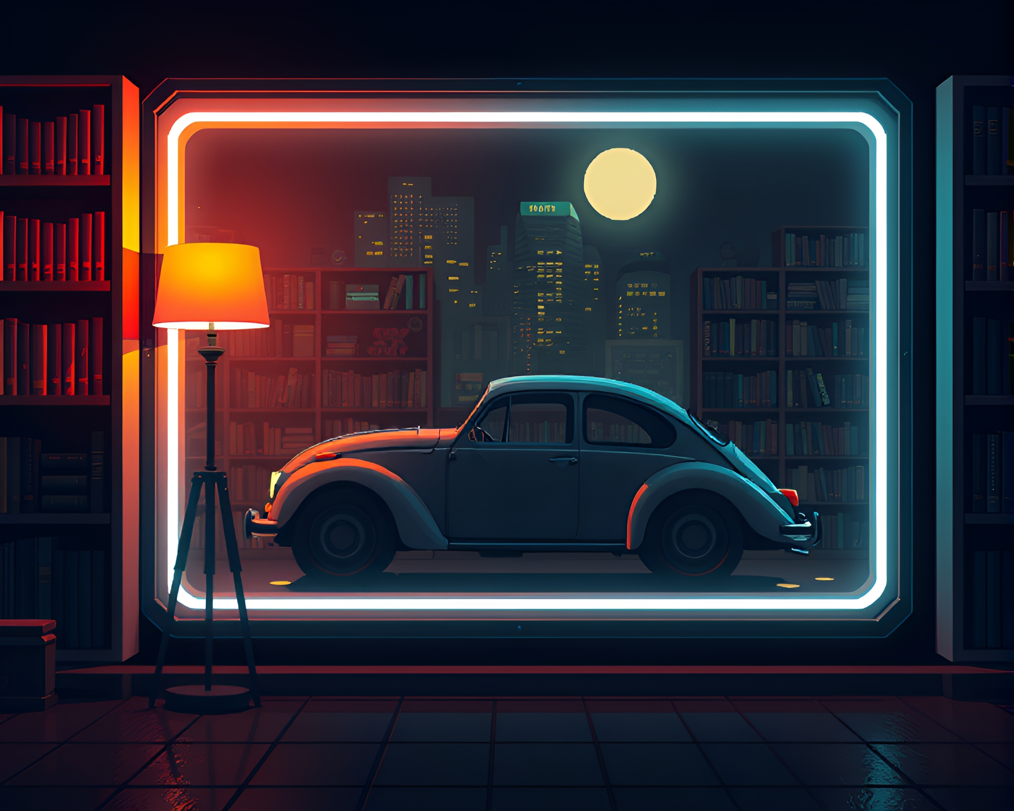 Retro Flying Car Zooms Through Library Lamp Light – free AI stock image