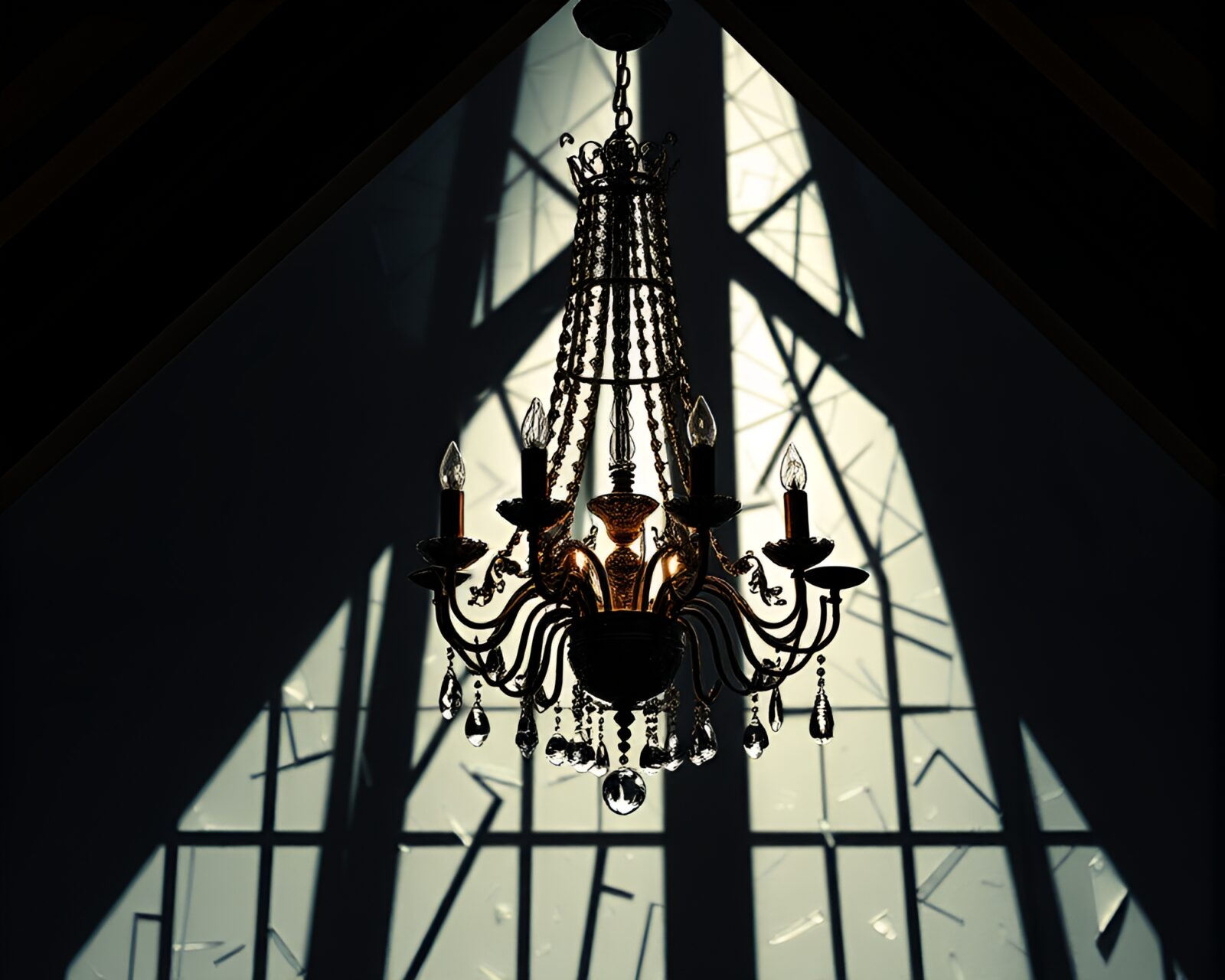 Silhouetted chandelier in attic amidst broken glass shards