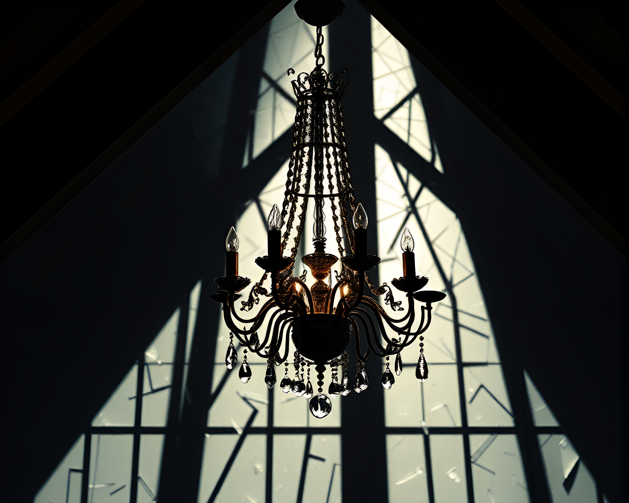 Ethereal Chandelier Casting Shadow Over Attic Glass Shards – free AI stock image