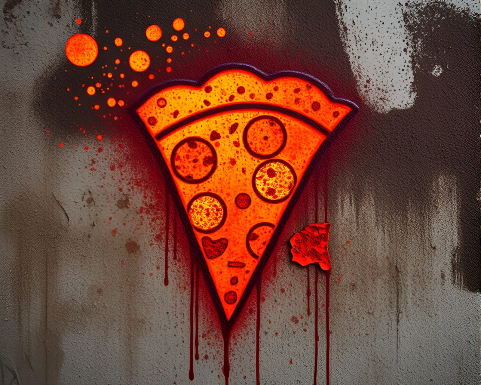 Abstract graffiti pizza slice under warm afternoon light.