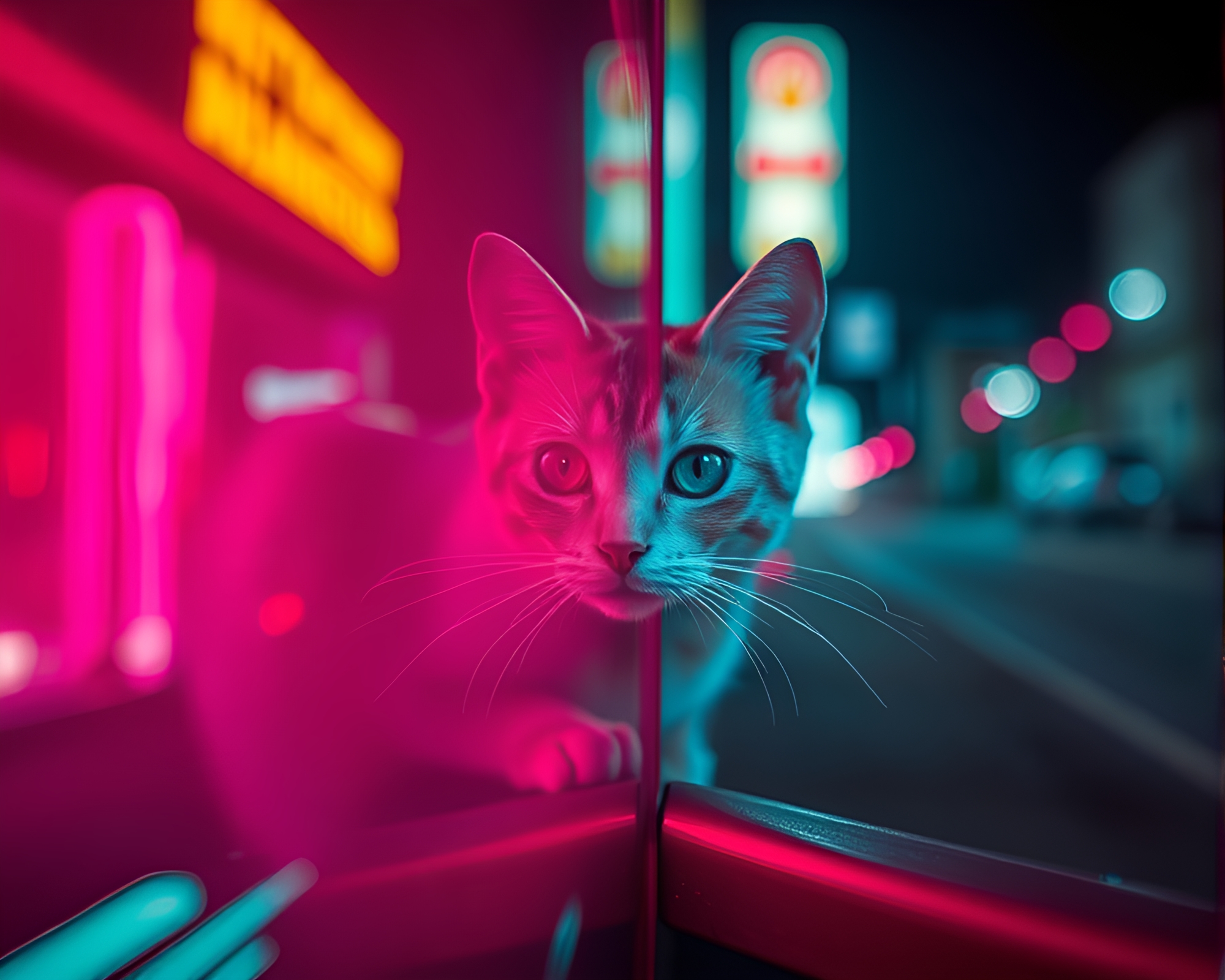 Schrodinger’s Cat in Neon Tilt-Shift Wonderland – free AI stock image