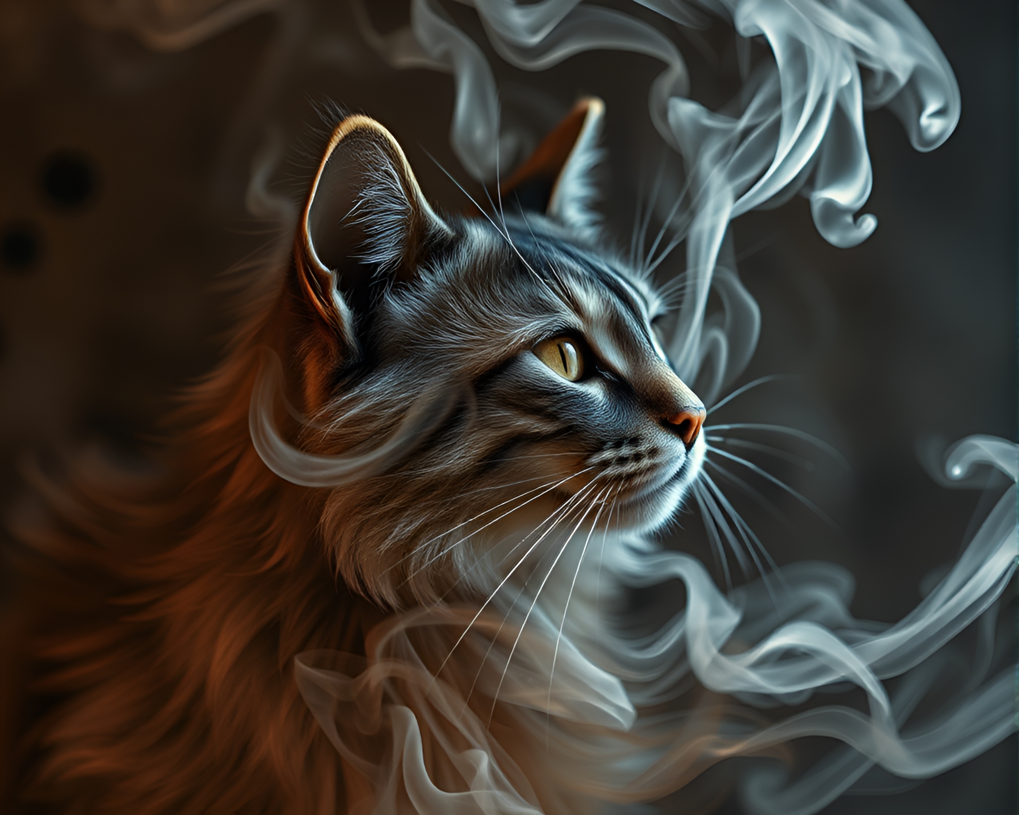 Schrodinger’s Cat Emerges From Copper Smoke Plume Dance – free AI stock image
