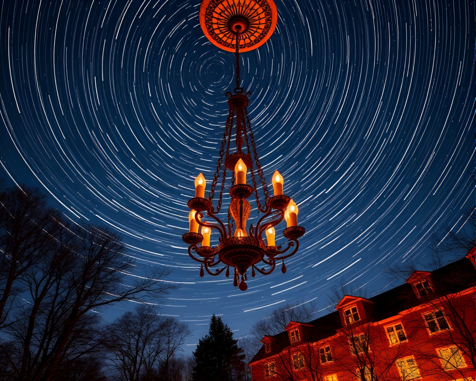 Elegant Victorian chandelier surrounded by swirling burnt orange star trails