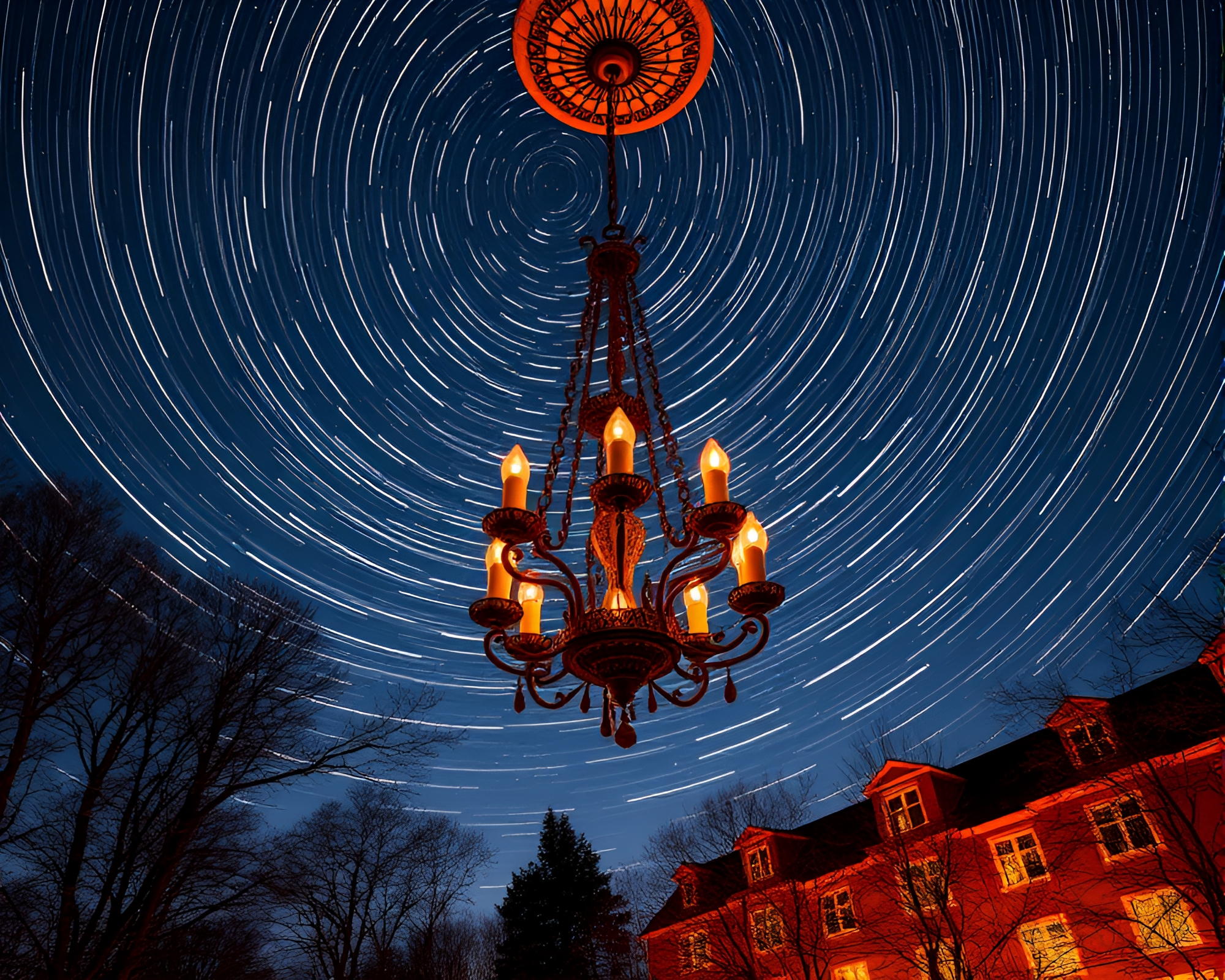 Victorian Chandelier Amidst Burnt Orange Star Trails Collage – free AI stock image