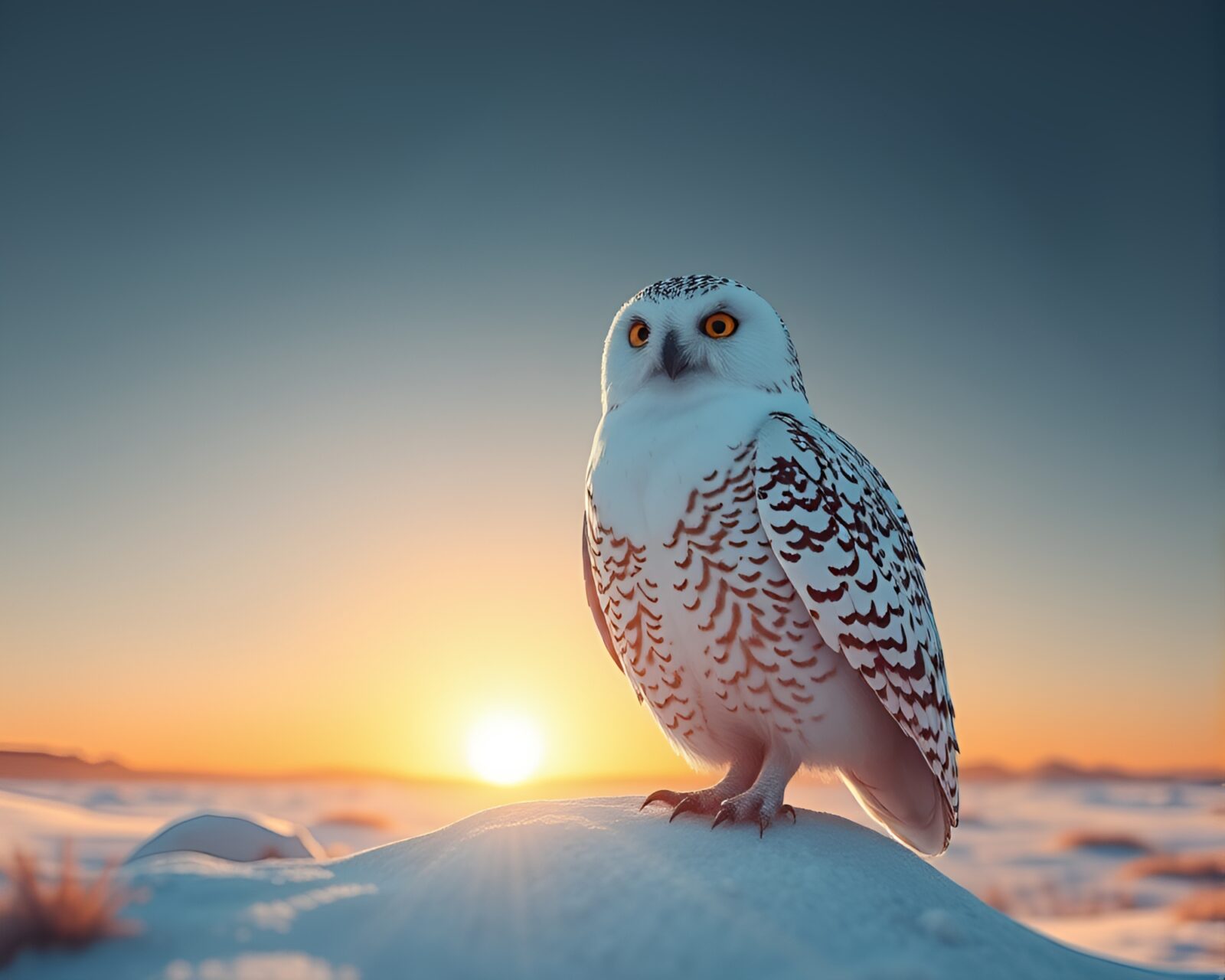 High-poly snowy owl amidst desert sunset lens flare