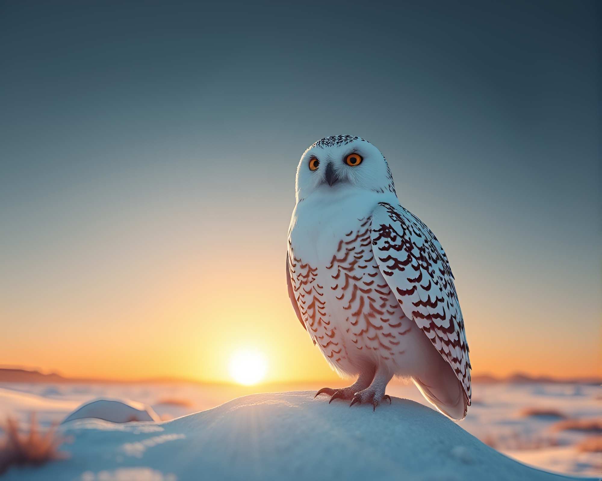 Snowy Owl Sunset Mirage in 3D – free AI stock image
