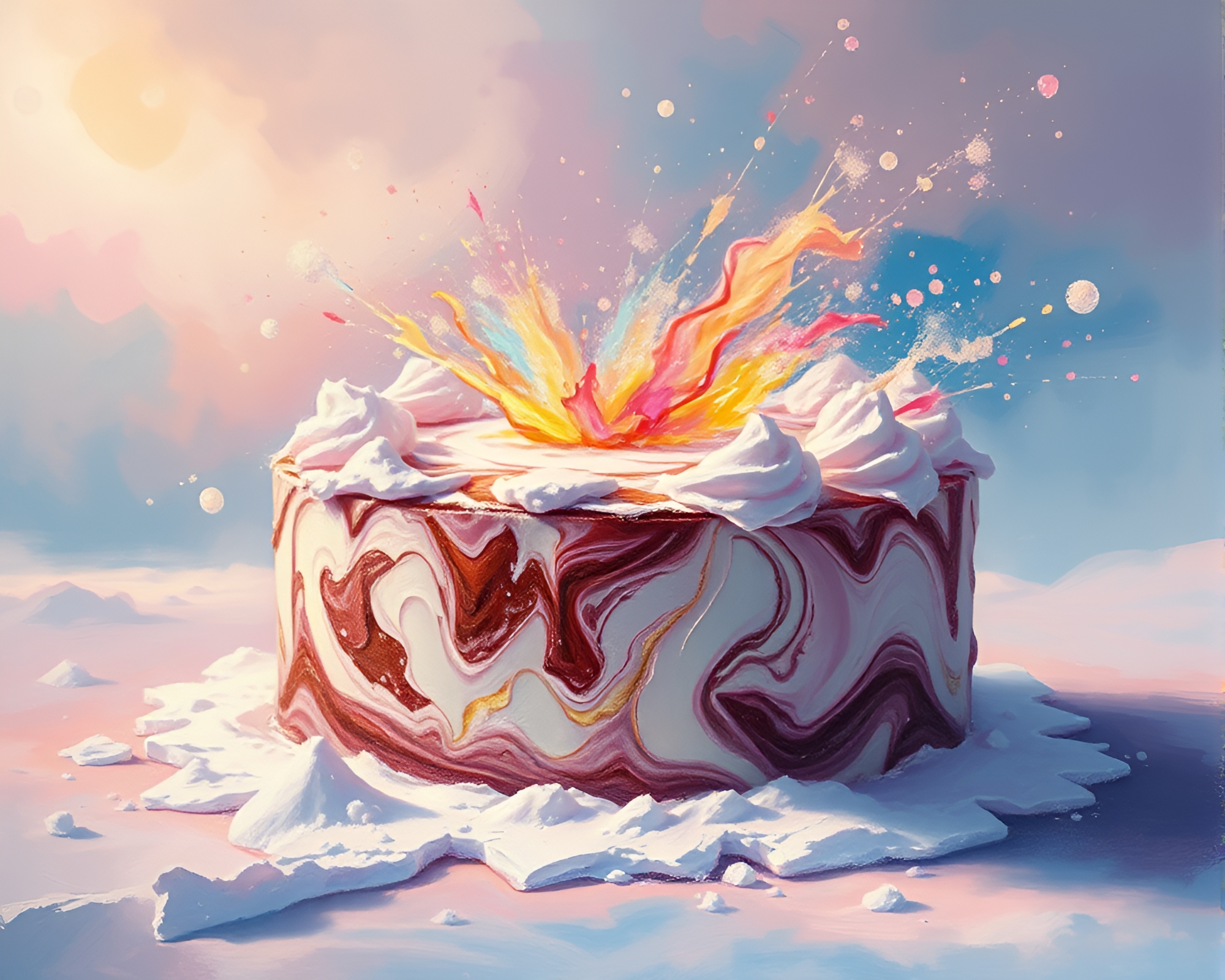 Explosive Marbled Cake Illuminated by Snow-Kissed Light – free AI stock image