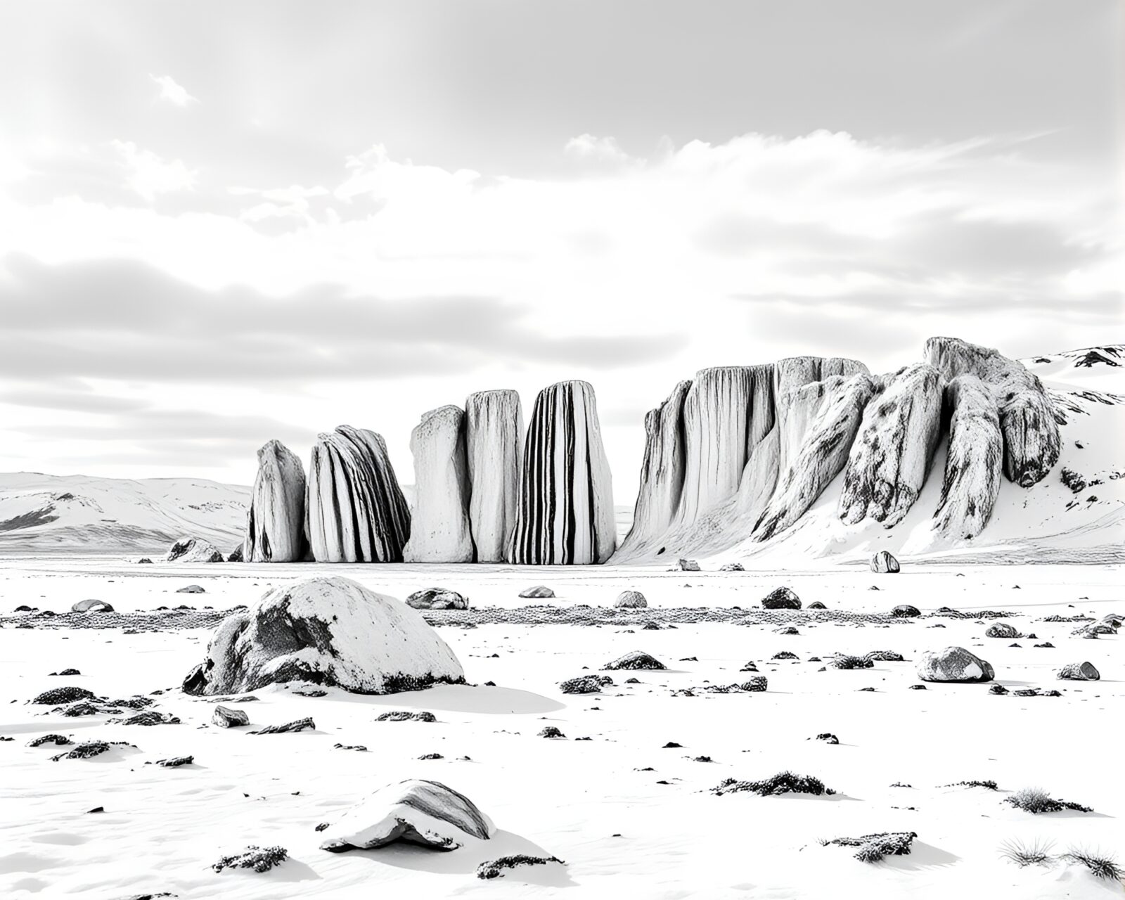 Line art illustration of mysterious stone circle in snowy whiteout