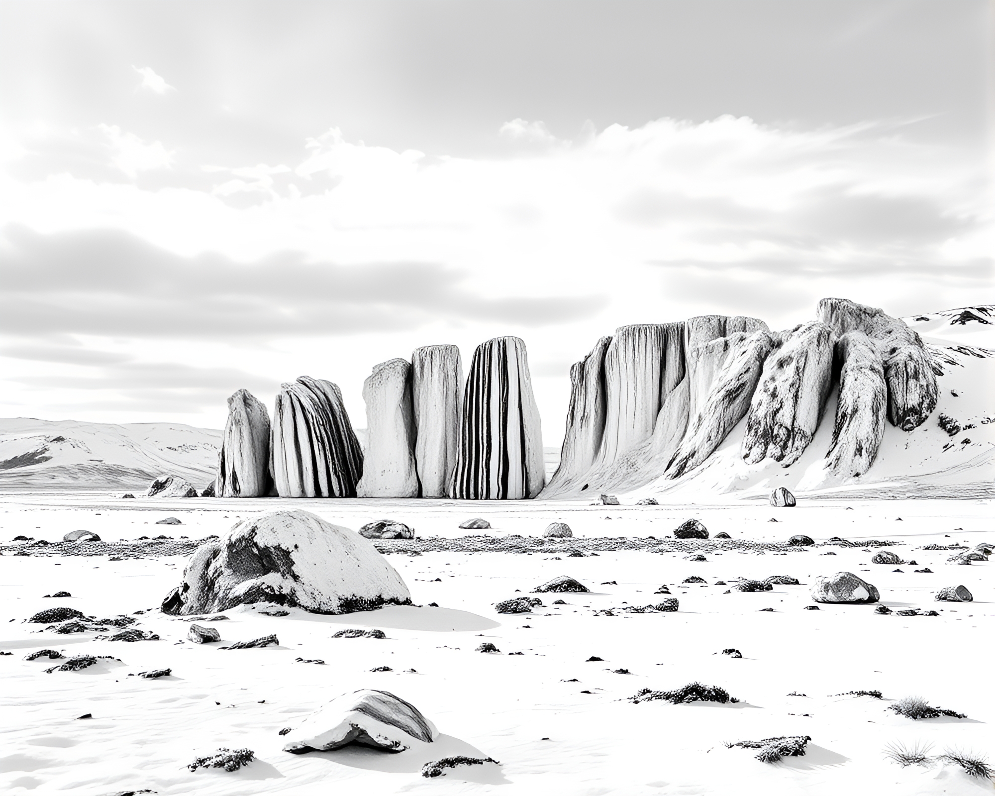 Stone Circle Barcode Stripe in Antarctic Whiteout – free AI stock image