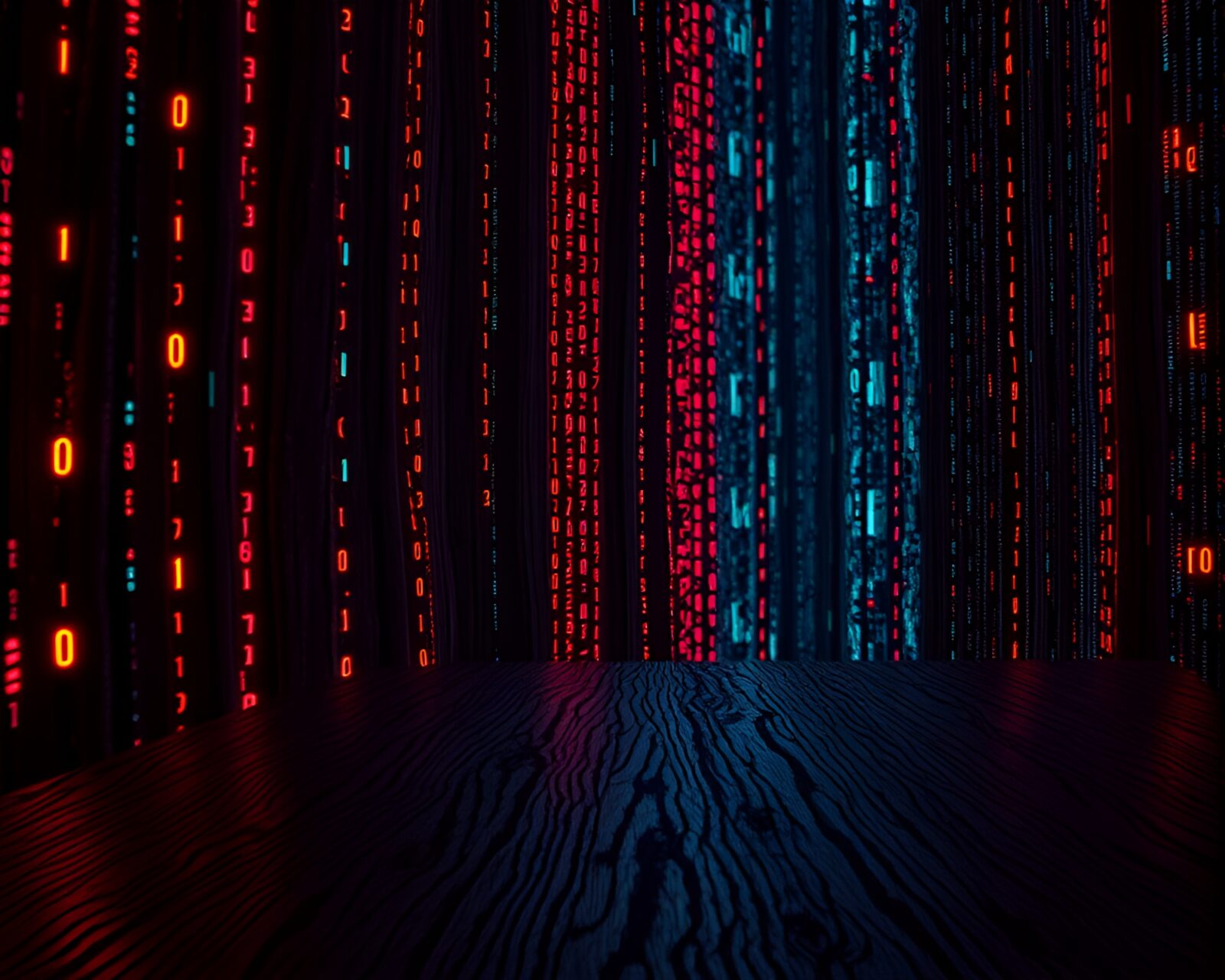 Vibrant neon binary digits on dark, textured wooden surface