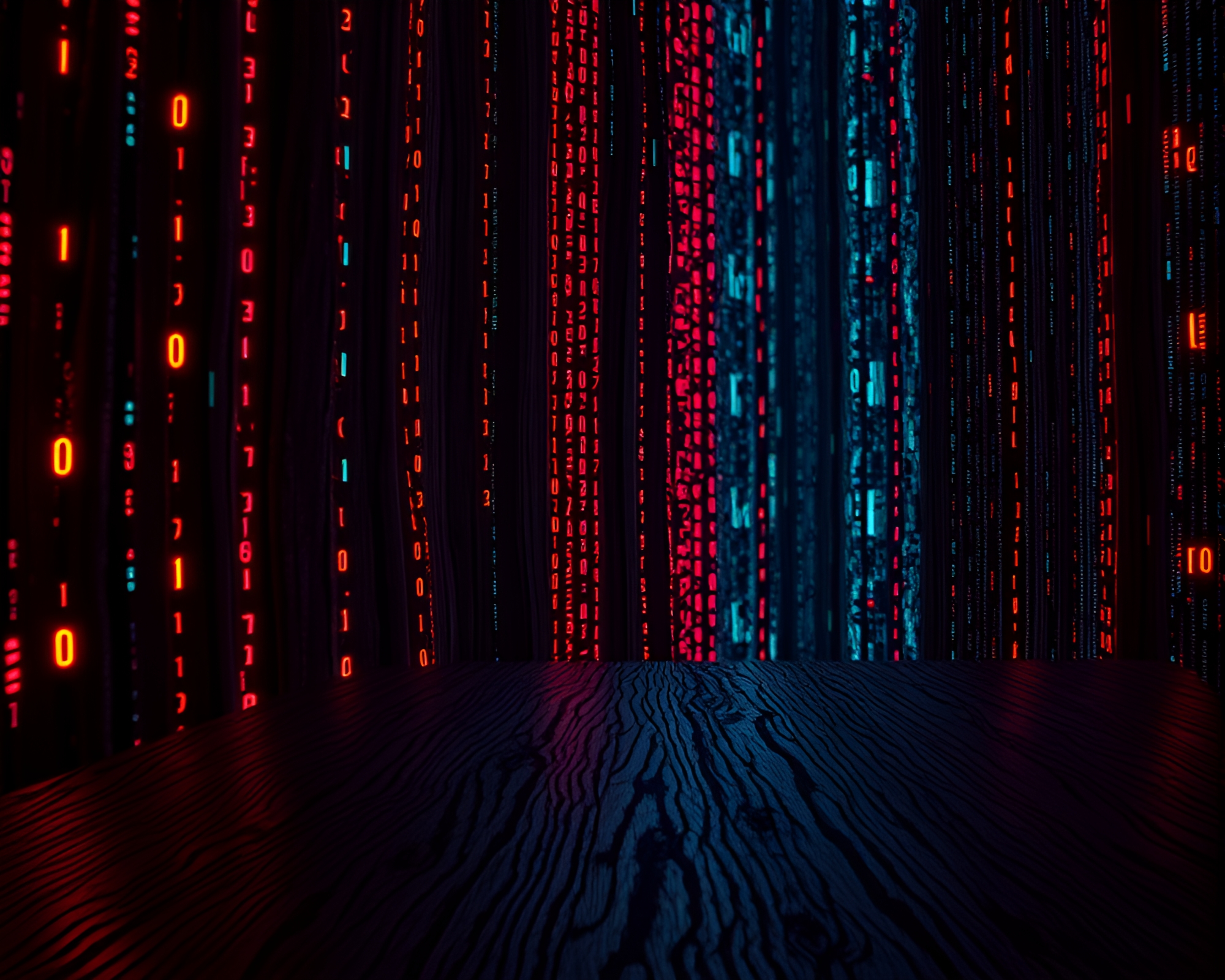 Neon Binary Code in Film Noir Wood Grain – free AI stock image