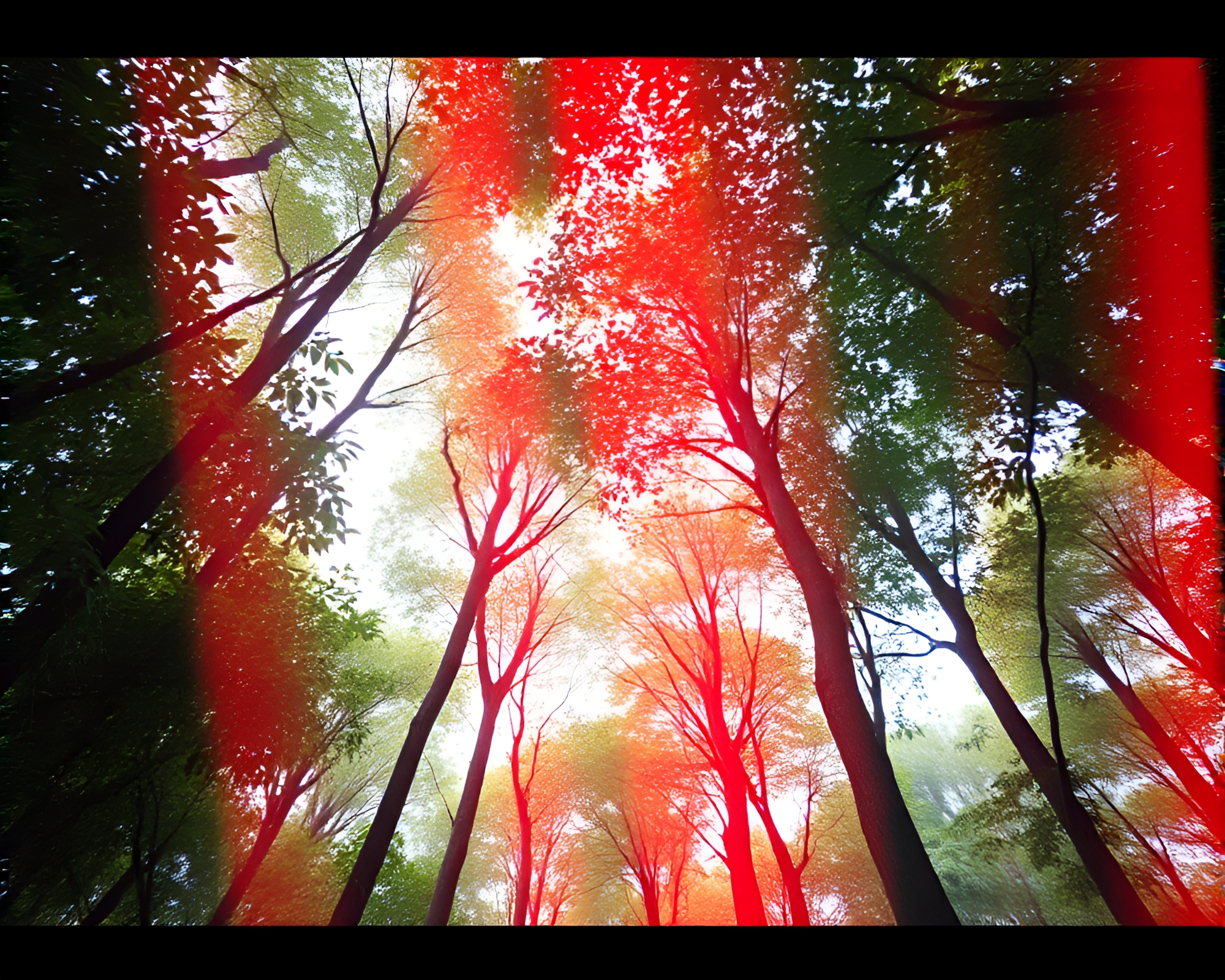 Distorted Rainforest Canopy: VHS Nostalgia – free AI stock image