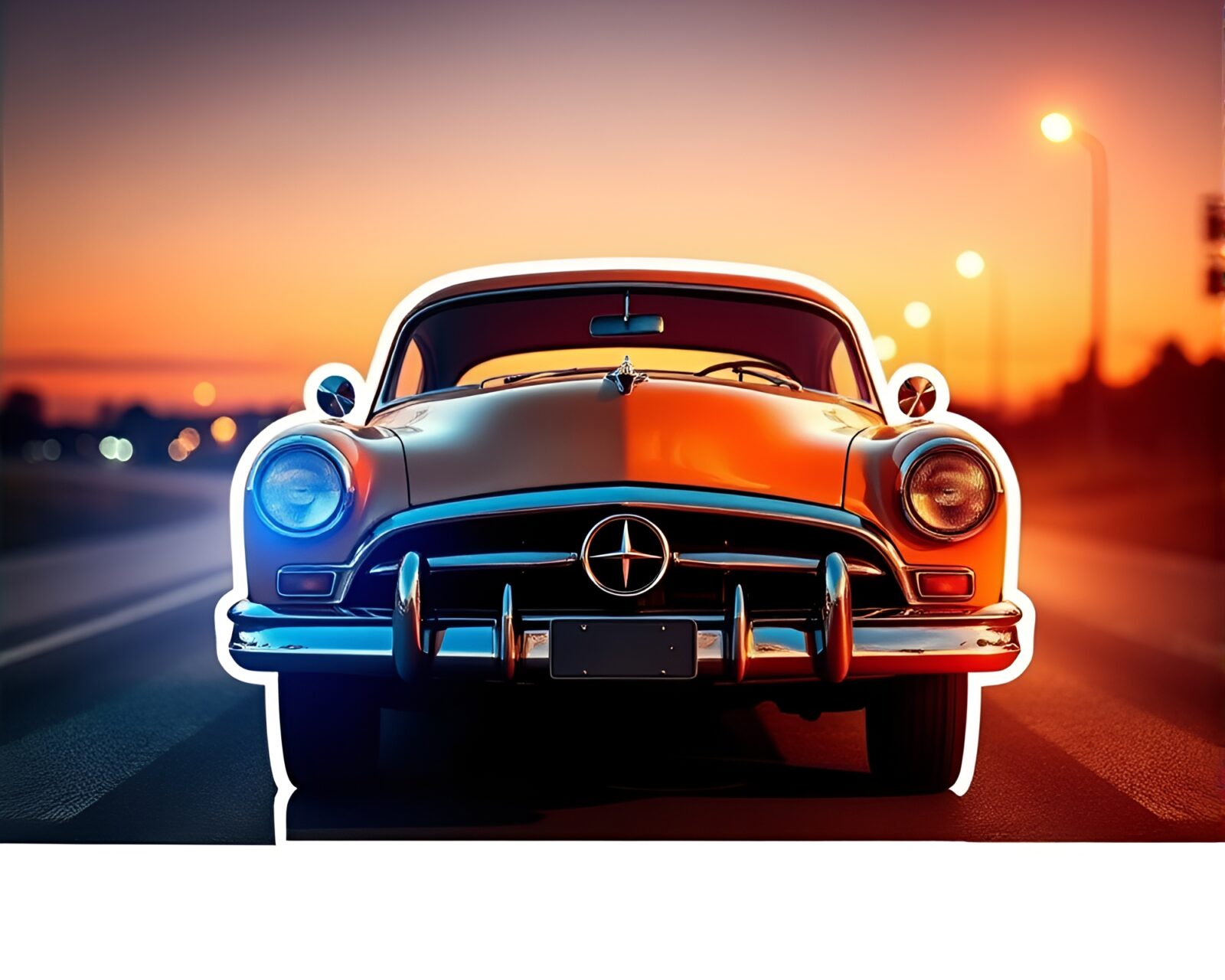 A path-traced scene of vintage car cutouts at twilight
