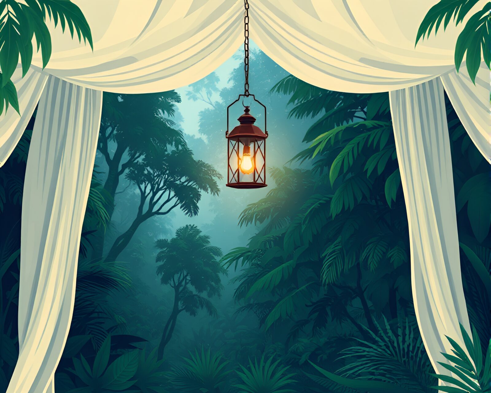 Fashion illustration of a rainforest canopy lit by lanterns.