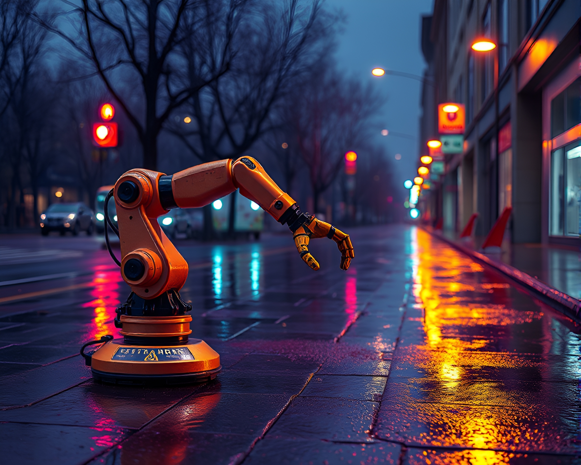 Robotic arm on wet amethyst pavement in thermal imaging – free AI stock image