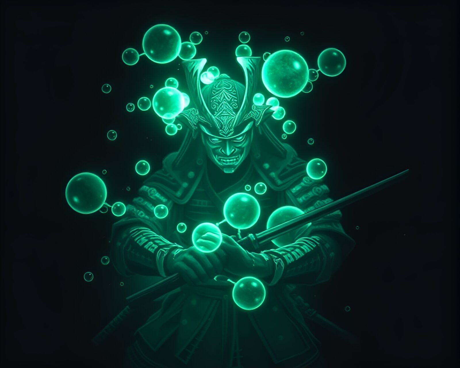 Etched image of a samurai warrior surrounded by glowing bubbles