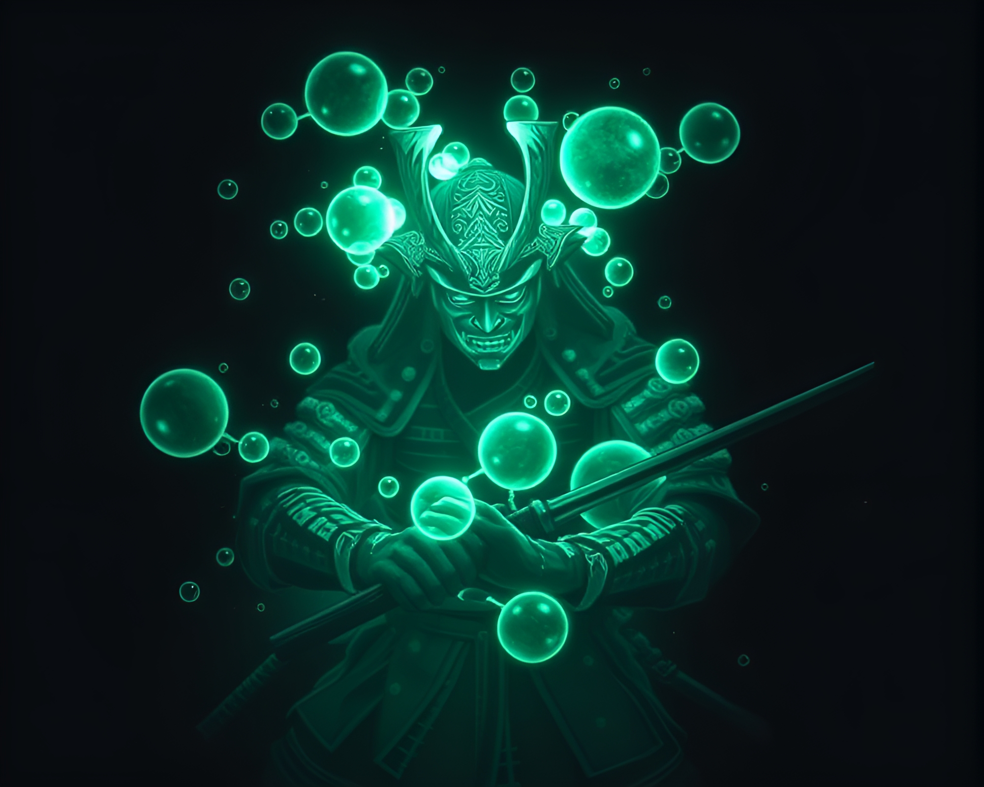 Glow-in-the-Dark Samurai Warrior Amid Bubble Clusters – free AI stock image