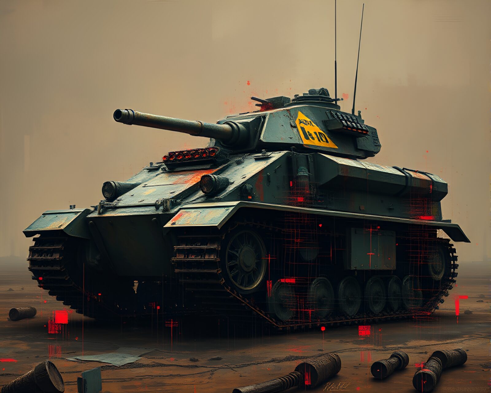 Encaustic painted tank in sinister necromantic light and glitch artifacts