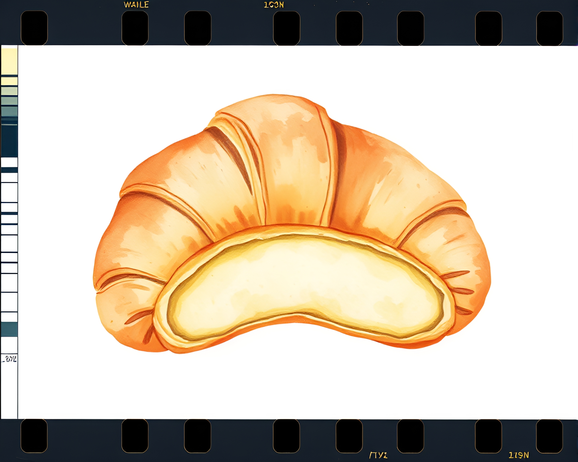 Vintage Film Sprocket Holes with Croissant Botanical Illustration – free AI stock image