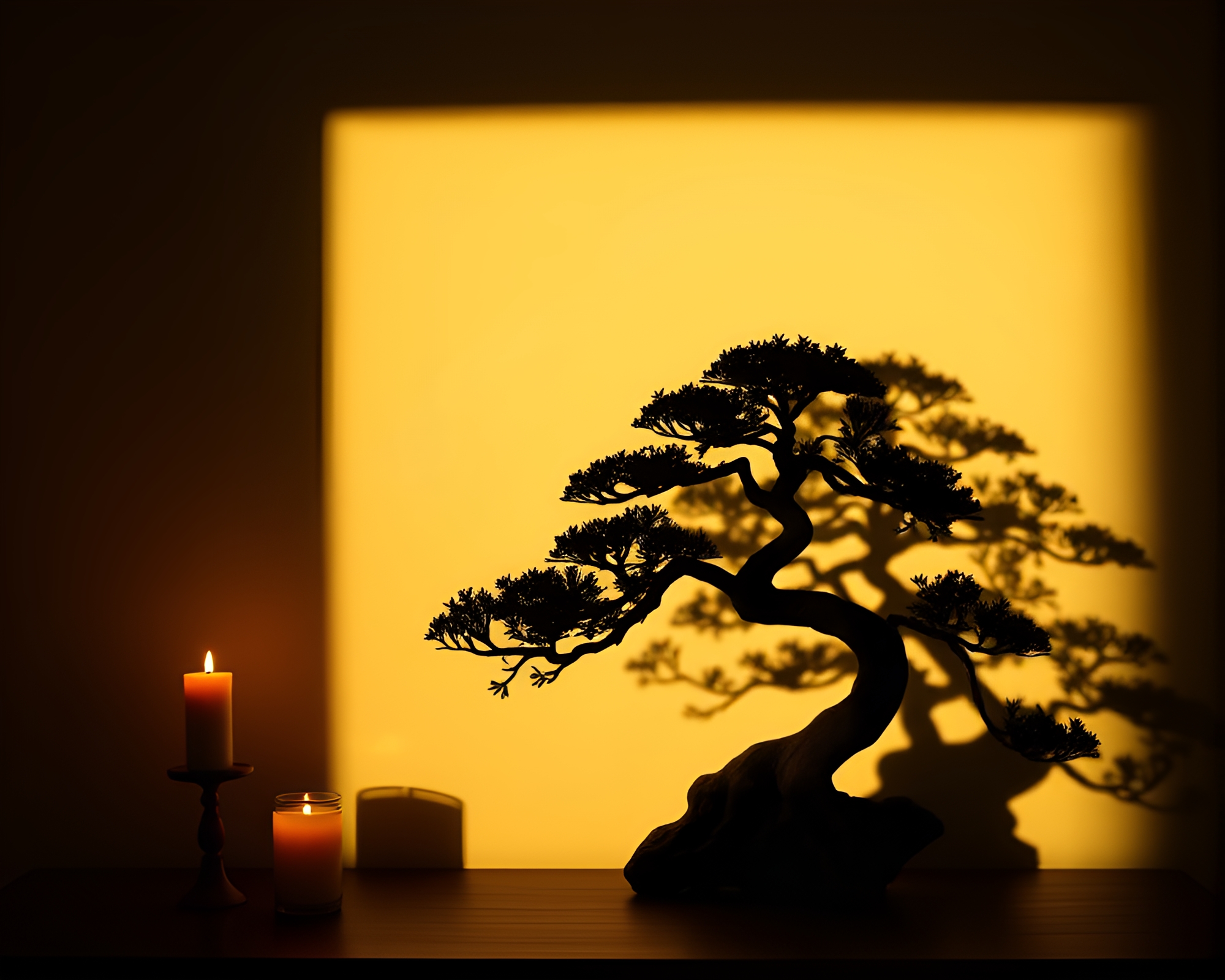 Zen Bonsai Tree Silhouette in Candlelit Skeuomorphic Design – free AI stock image