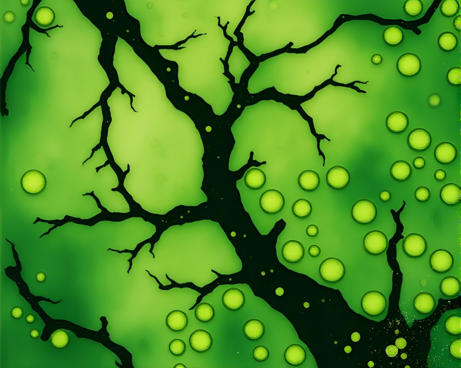 Detailed forest-green microscope image showcasing mildew spots in egg tempera style