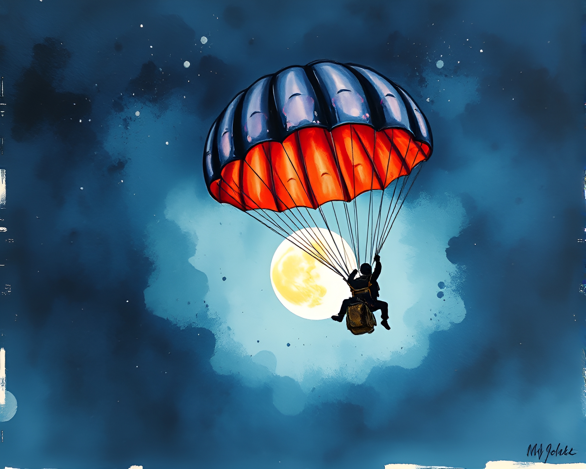 Moonlit Parachute Jumper Descends Through Ink Wash Sky – free AI stock image