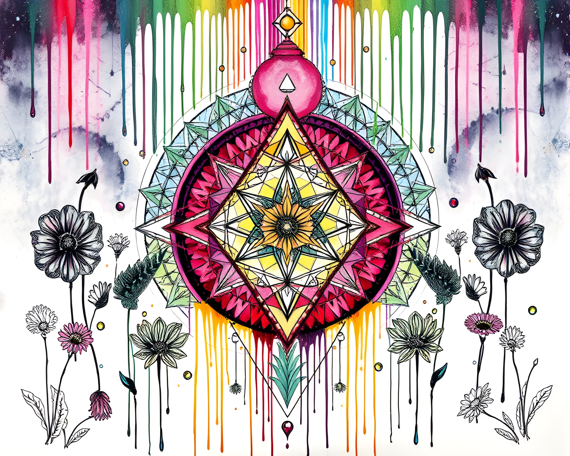 Cosmic Botanical Sacred Geometry Ink Wash Drips – free AI stock image