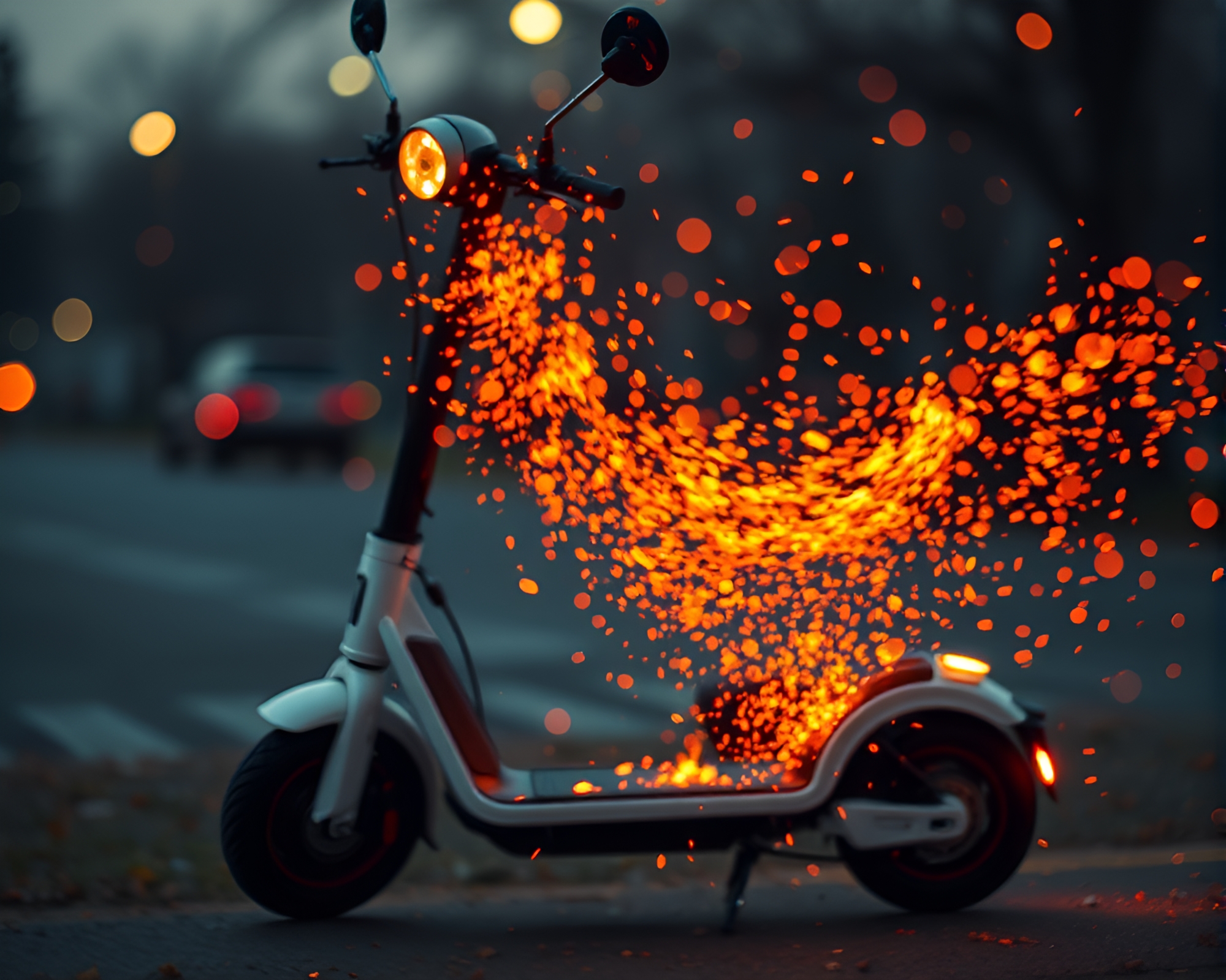 Electric scooter engulfed in floating embers – free AI stock image